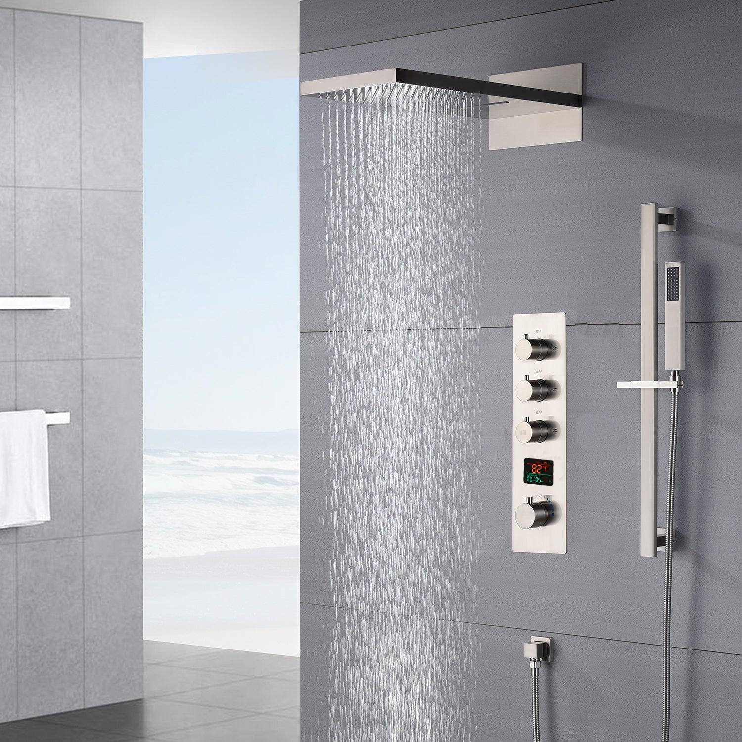 rainfall waterfall 22'' Brushed Nickel 3 Way digital display Thermostatic Shower Faucet system with sliding bar - Image 3