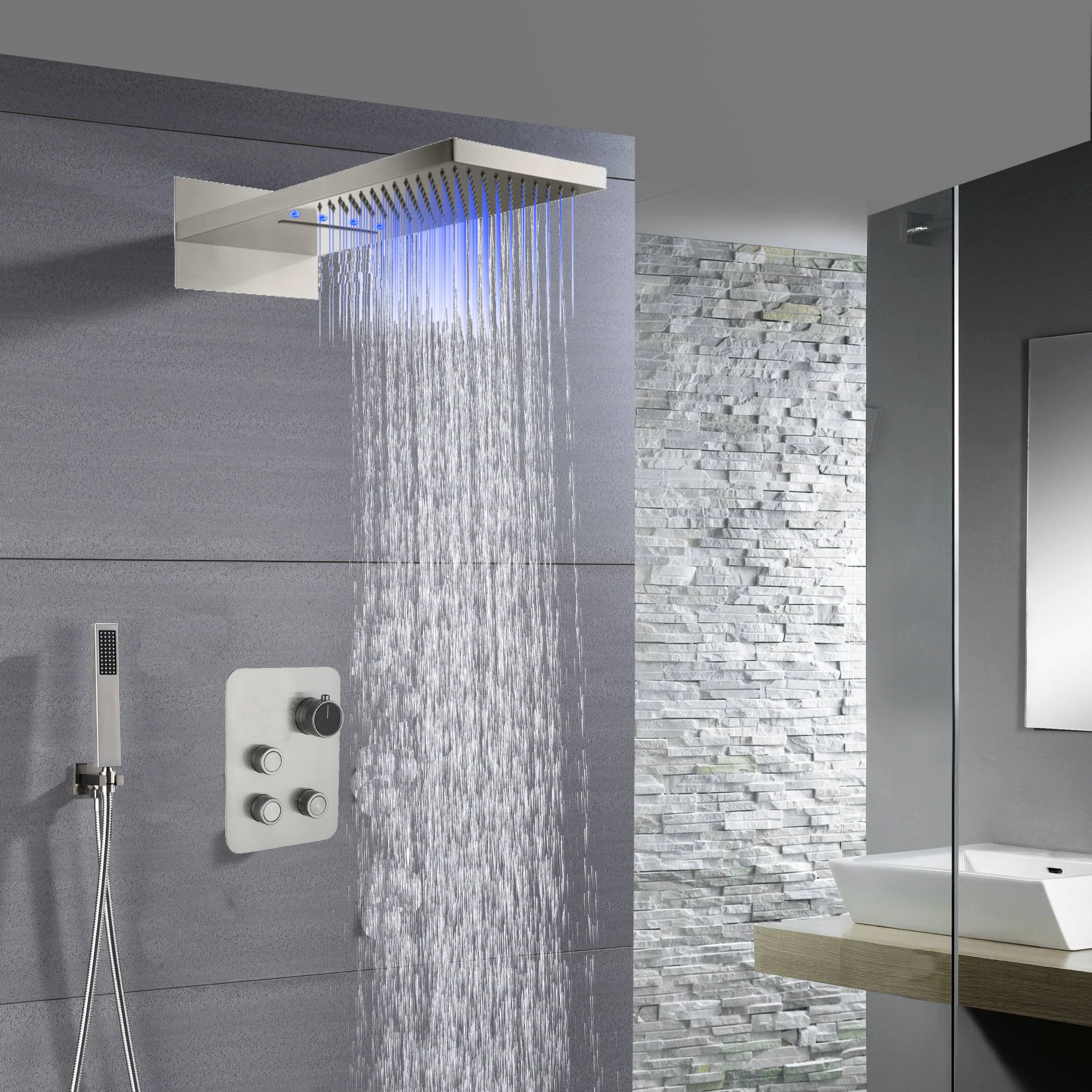 22" Brushed nickel 3 way Thermostatic display valve Rain & Waterfall Shower Faucet - Image 3