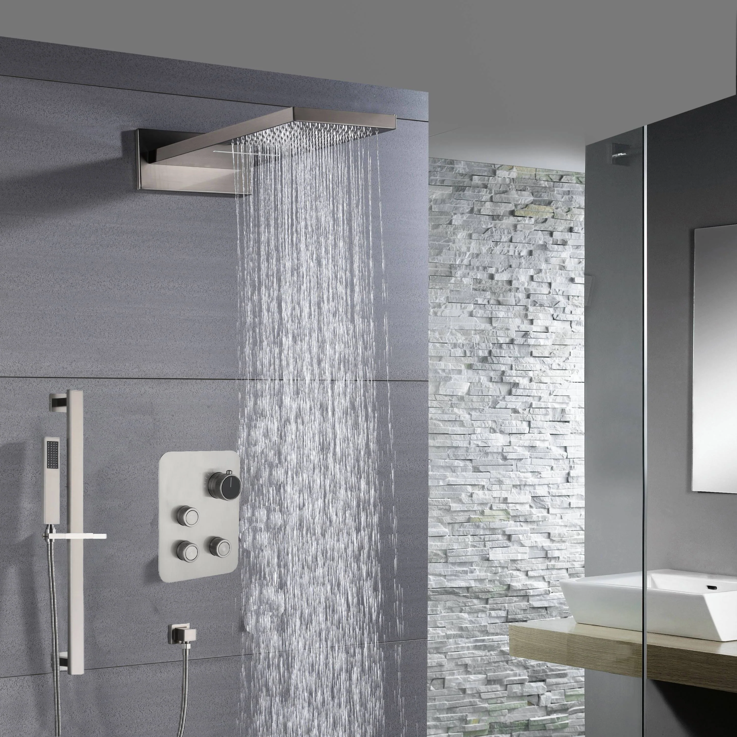 22" Brushed nickel 3 way Thermostatic display valve Rain & Waterfall Shower Faucet - Image 4