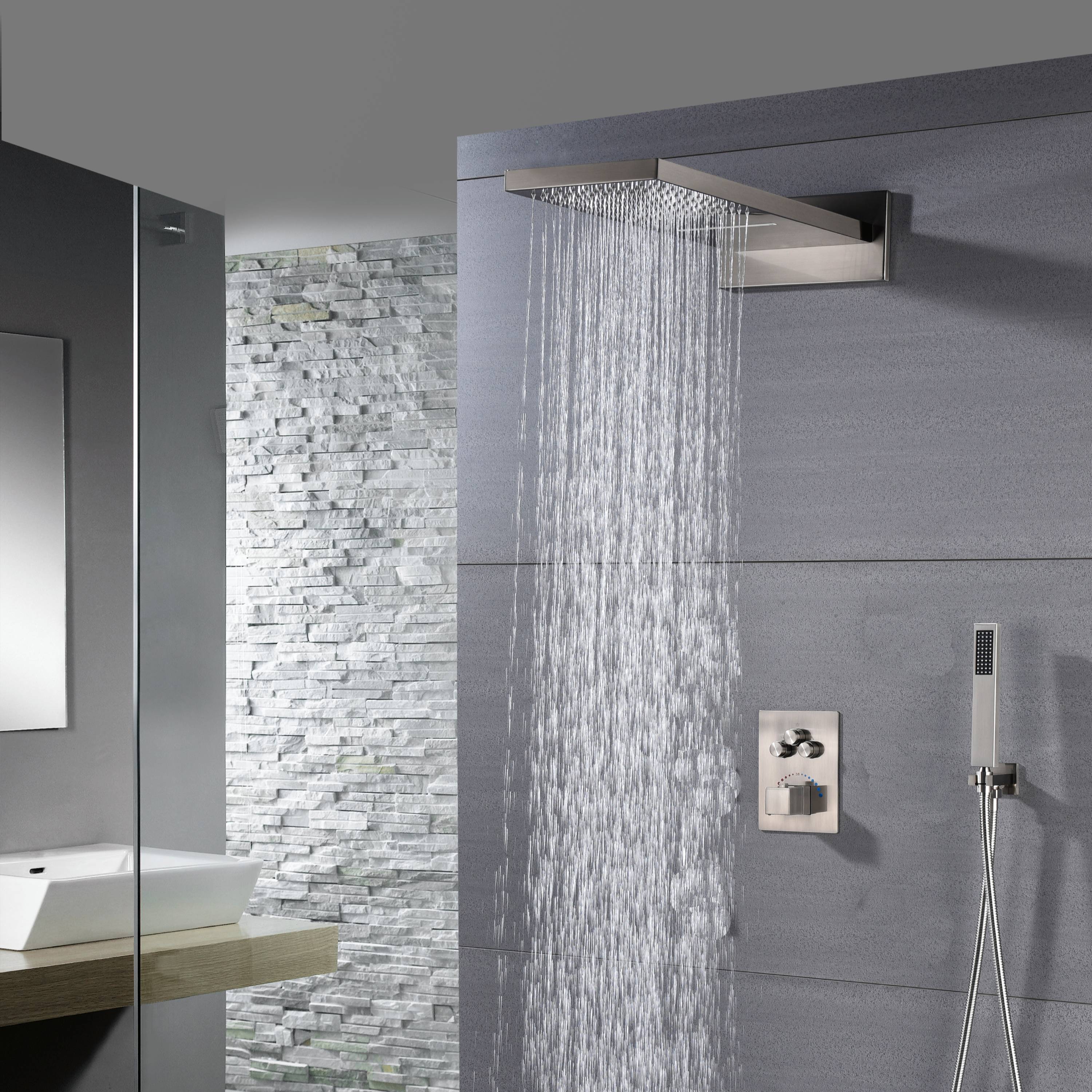 22" Brushed nickel 3 way Thermostatic display valve Rain & Waterfall Shower Faucet - Image 5