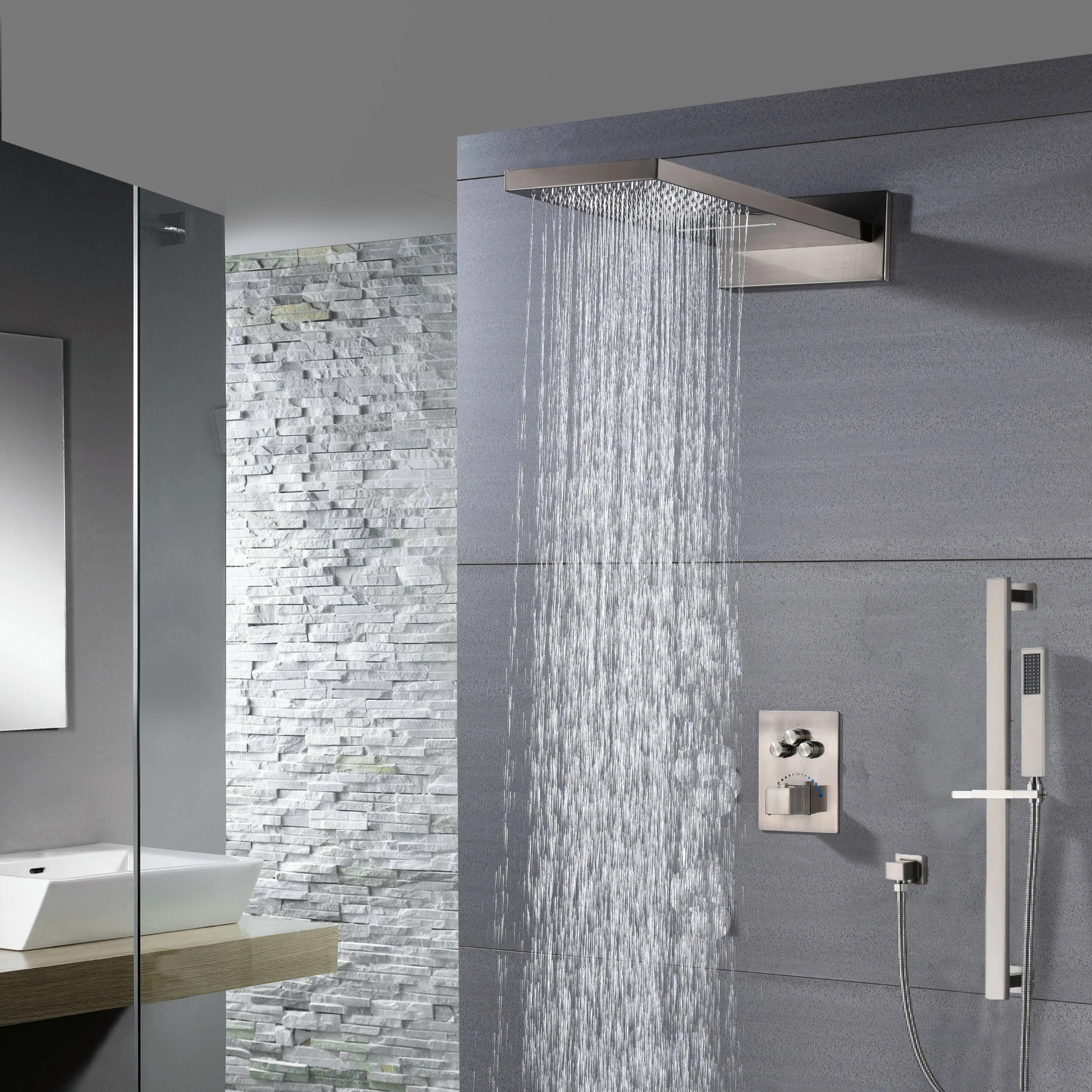 22" Brushed nickel 3 way Thermostatic display valve Rain & Waterfall Shower Faucet - Image 6
