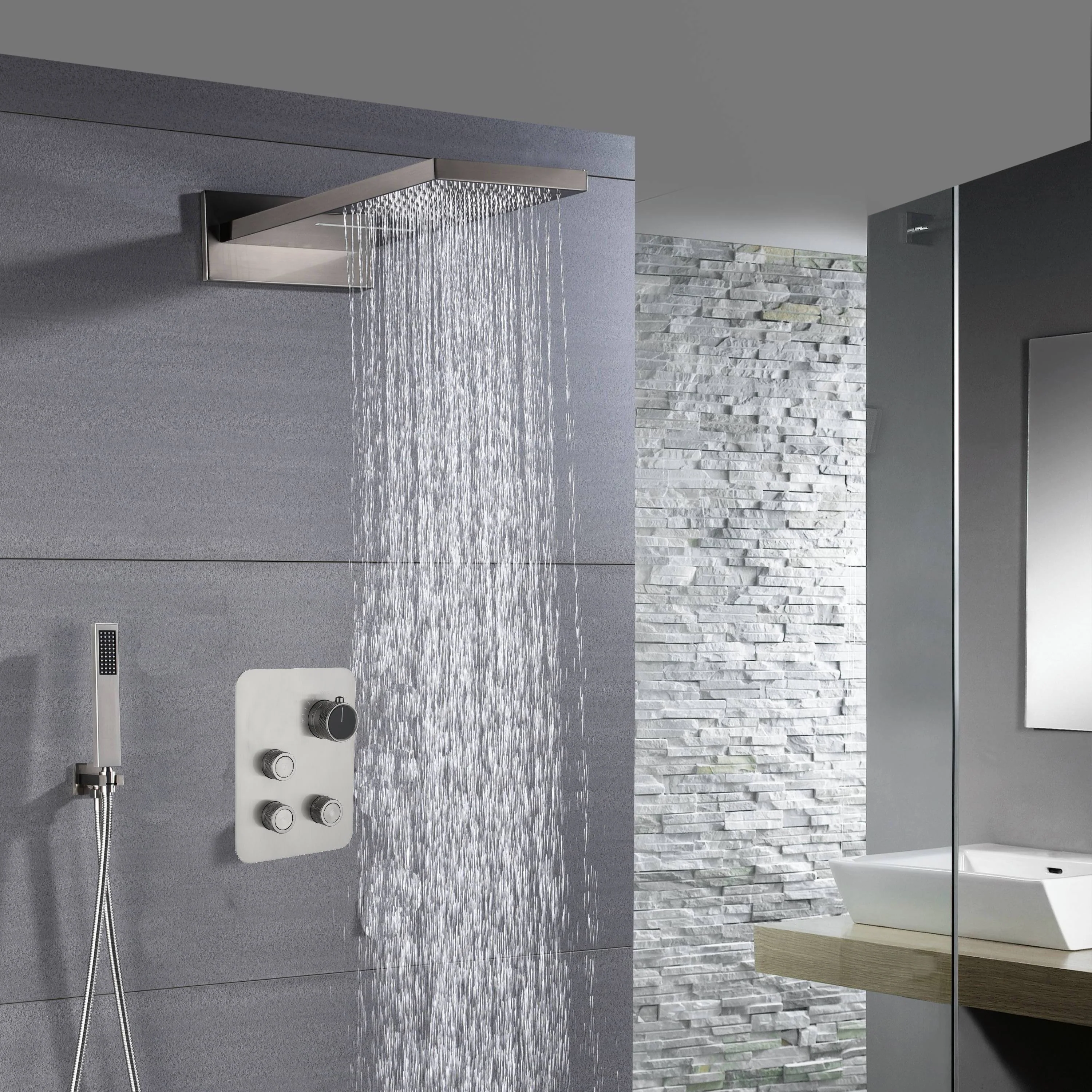 22" Brushed nickel 3 way Thermostatic display valve Rain & Waterfall Shower Faucet - Image 8