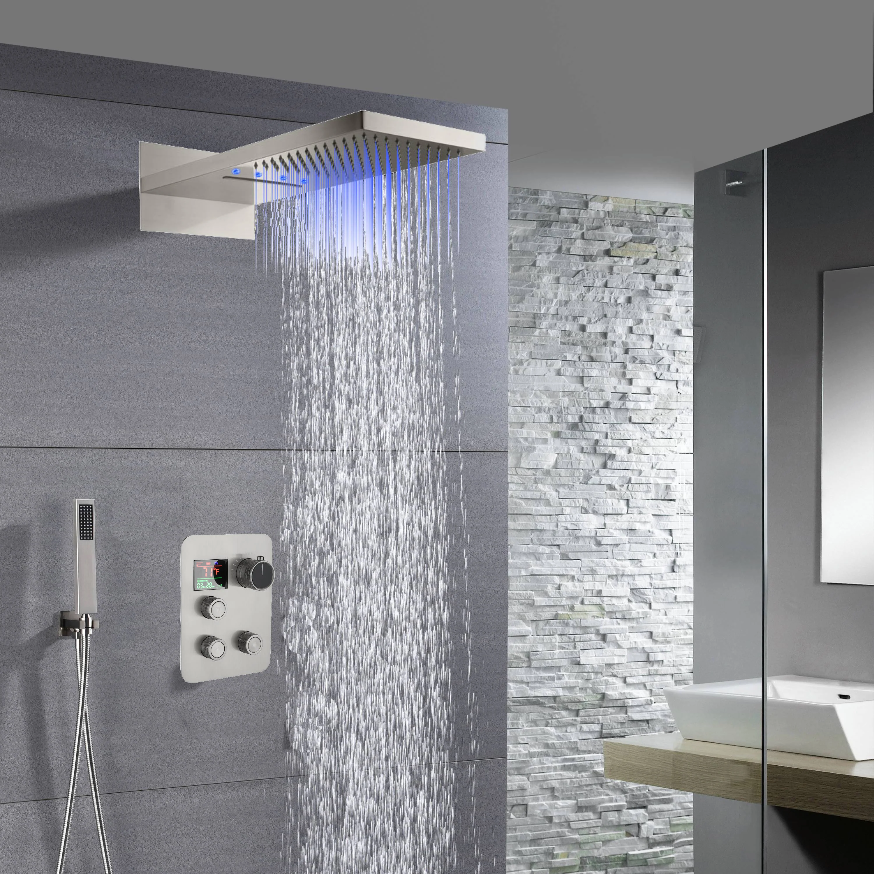 22" Brushed nickel 3 way Thermostatic display valve Rain & Waterfall Shower Faucet - Image 9