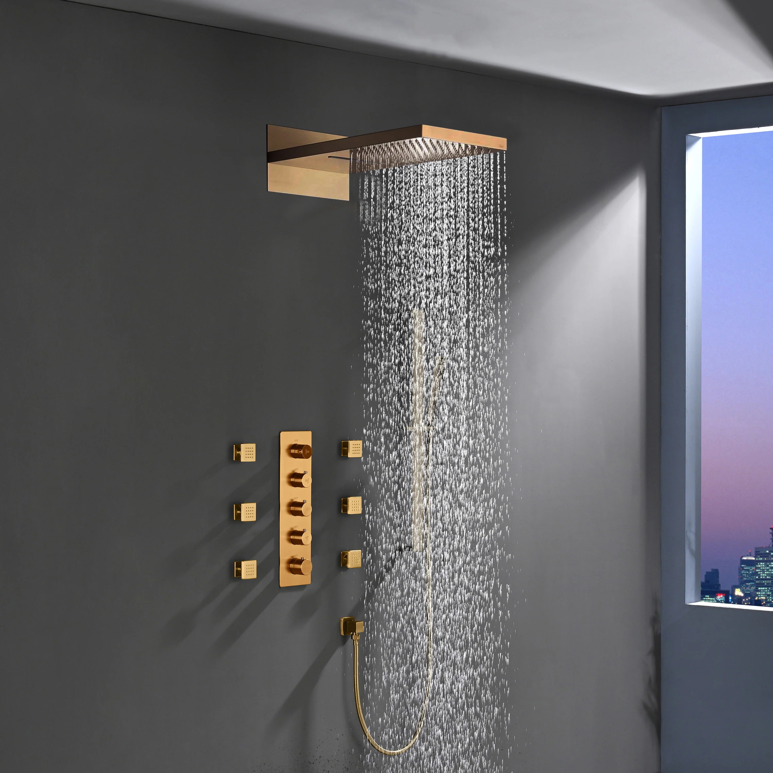The Ultimate 22'' Brushed Nickel or brushed gold 4-Way Thermostatic Shower Faucet with Waterfall, Rain Massage, Body Jet Spray, and Sliding Bar - Image 3