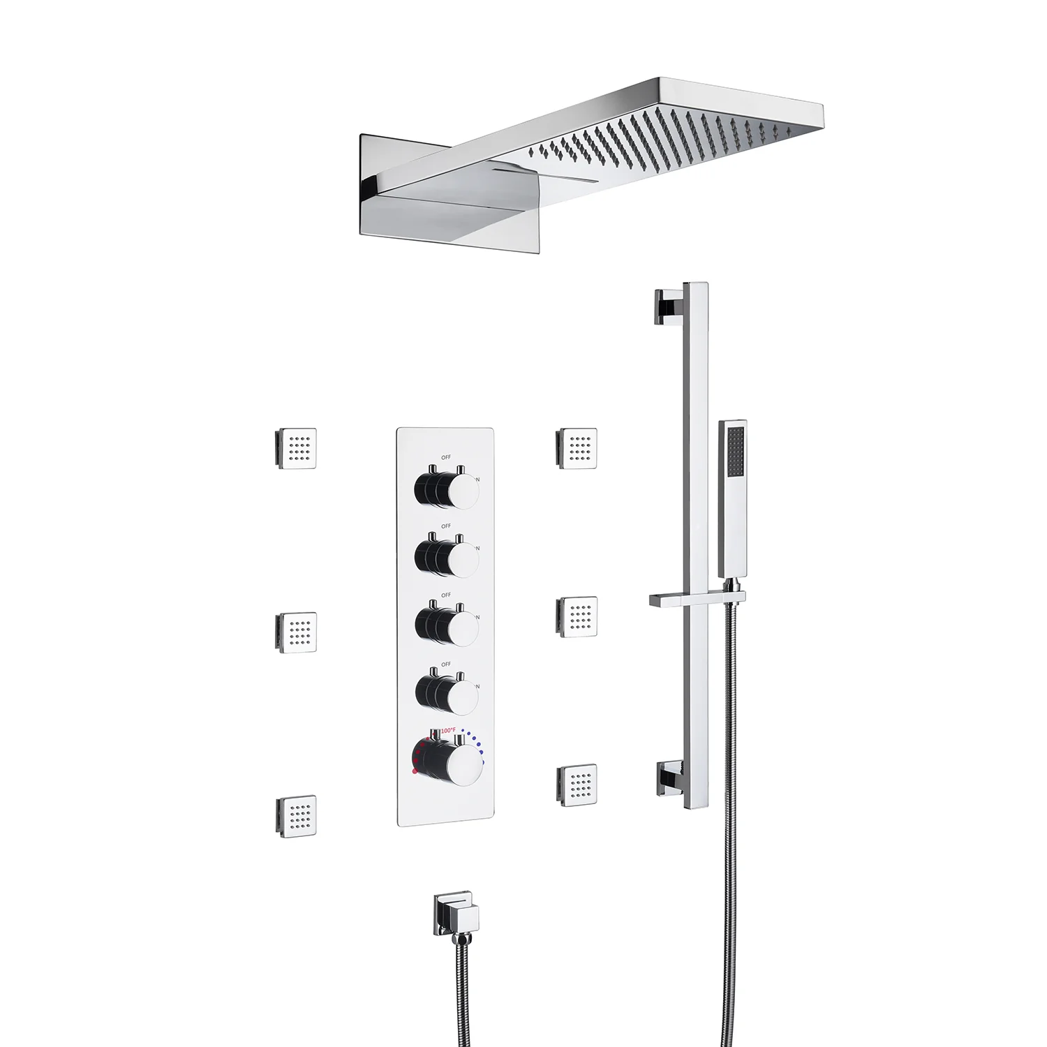 The Ultimate 22'' Chrome 4-Way Thermostatic Shower Faucet with Waterfall, Rain Massage, Body Jet Spray, and Sliding Bar - Image 4