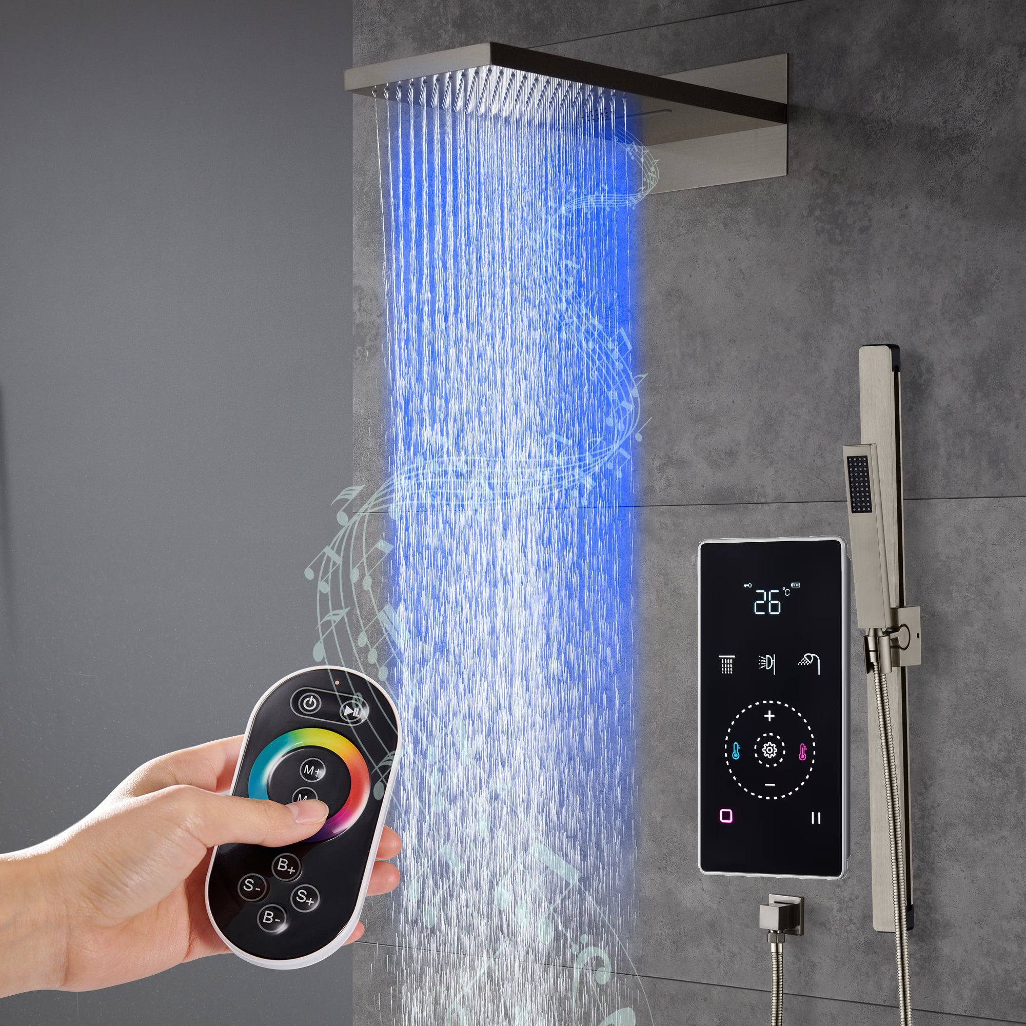 22" Bluetooth Music LED Shower System with 3-Way Thermostatic Faucet, Rainfall, Waterfall, Sliding Bar - Image 5