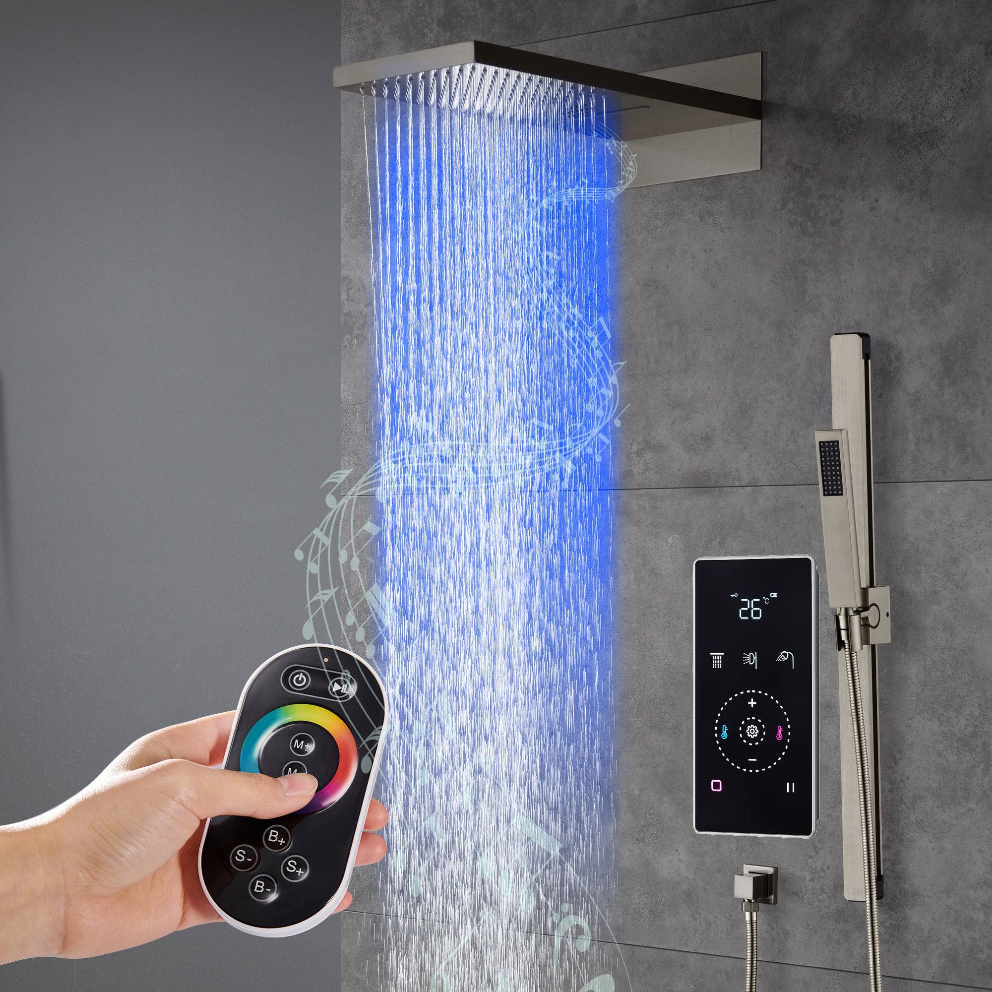 22" Bluetooth Music LED Shower System with 3-Way Thermostatic Faucet, Rainfall, Waterfall, Sliding Bar - Image 6