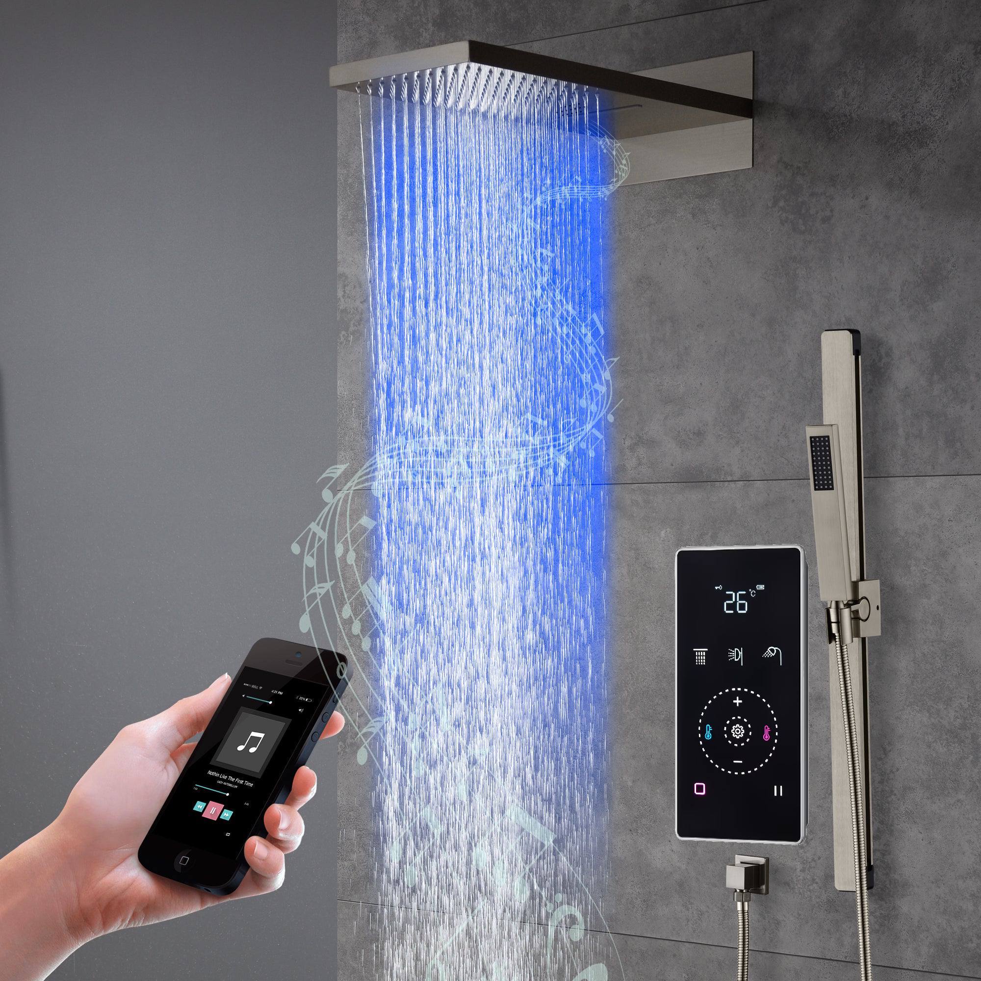 22" Bluetooth Music LED Shower System with 3-Way Thermostatic Faucet, Rainfall, Waterfall, Sliding Bar - Image 7