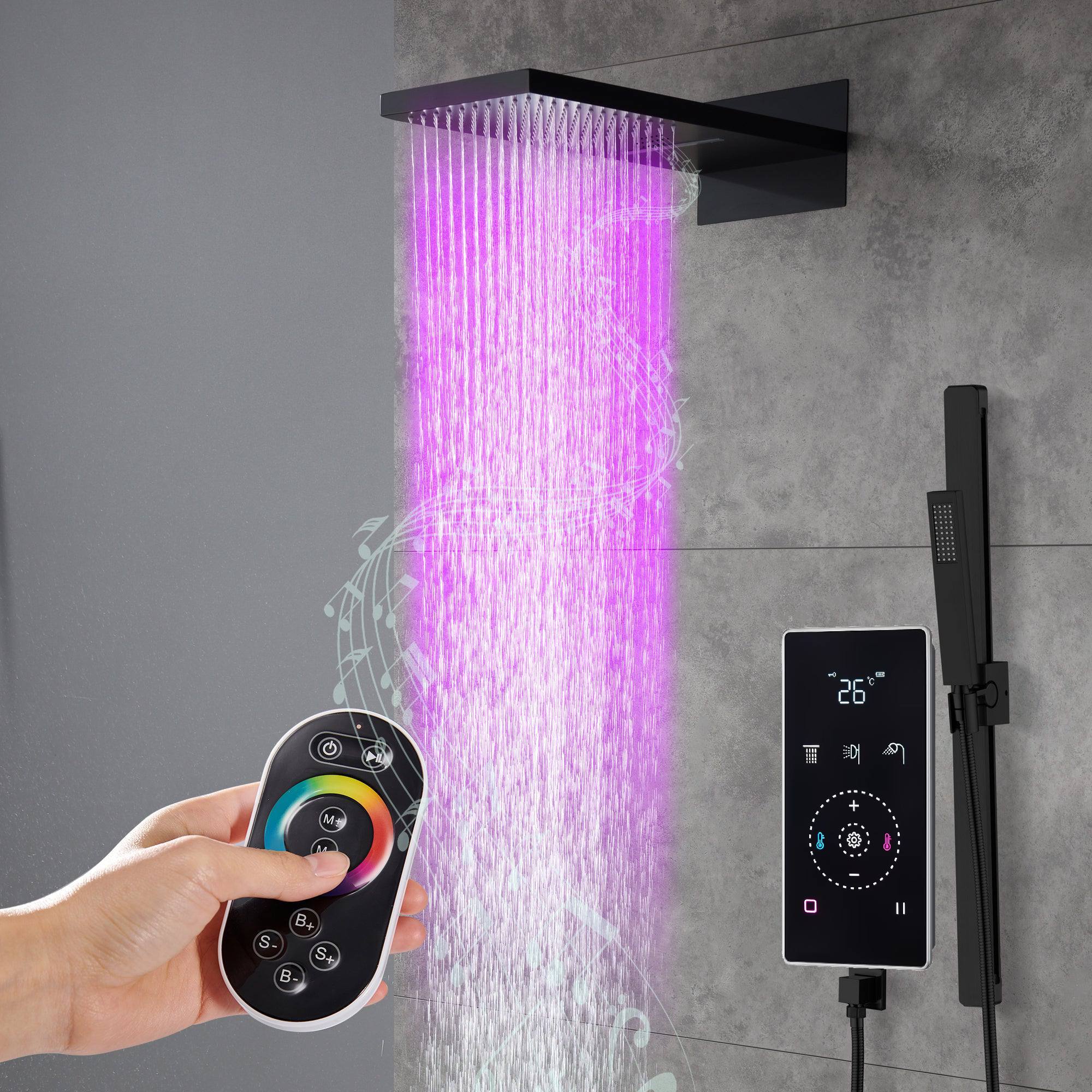 22" Bluetooth Music LED Shower System with 3-Way Thermostatic Faucet, Rainfall, Waterfall, Sliding Bar - Image 8