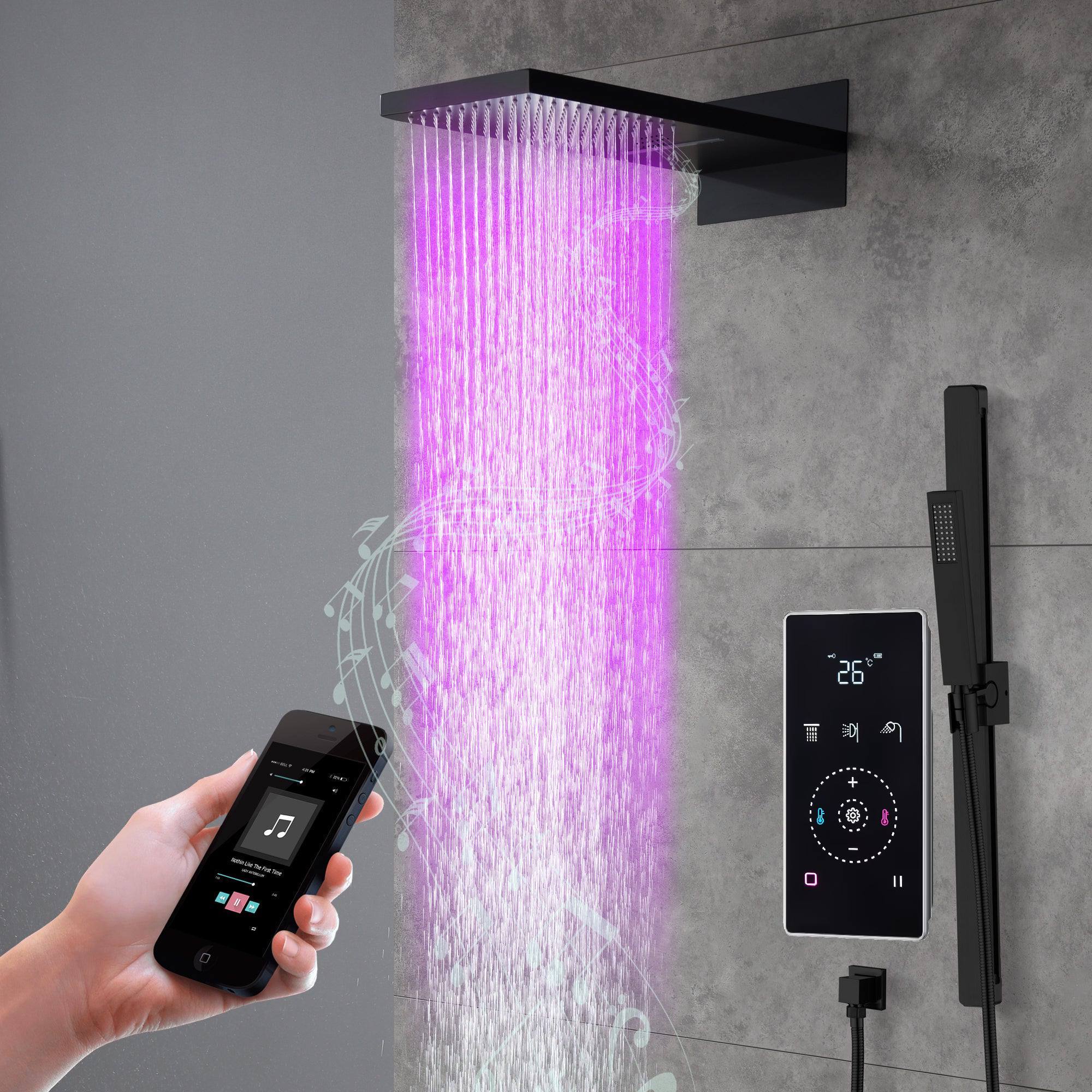22" Bluetooth Music LED Shower System with 3-Way Thermostatic Faucet, Rainfall, Waterfall, Sliding Bar - Image 9