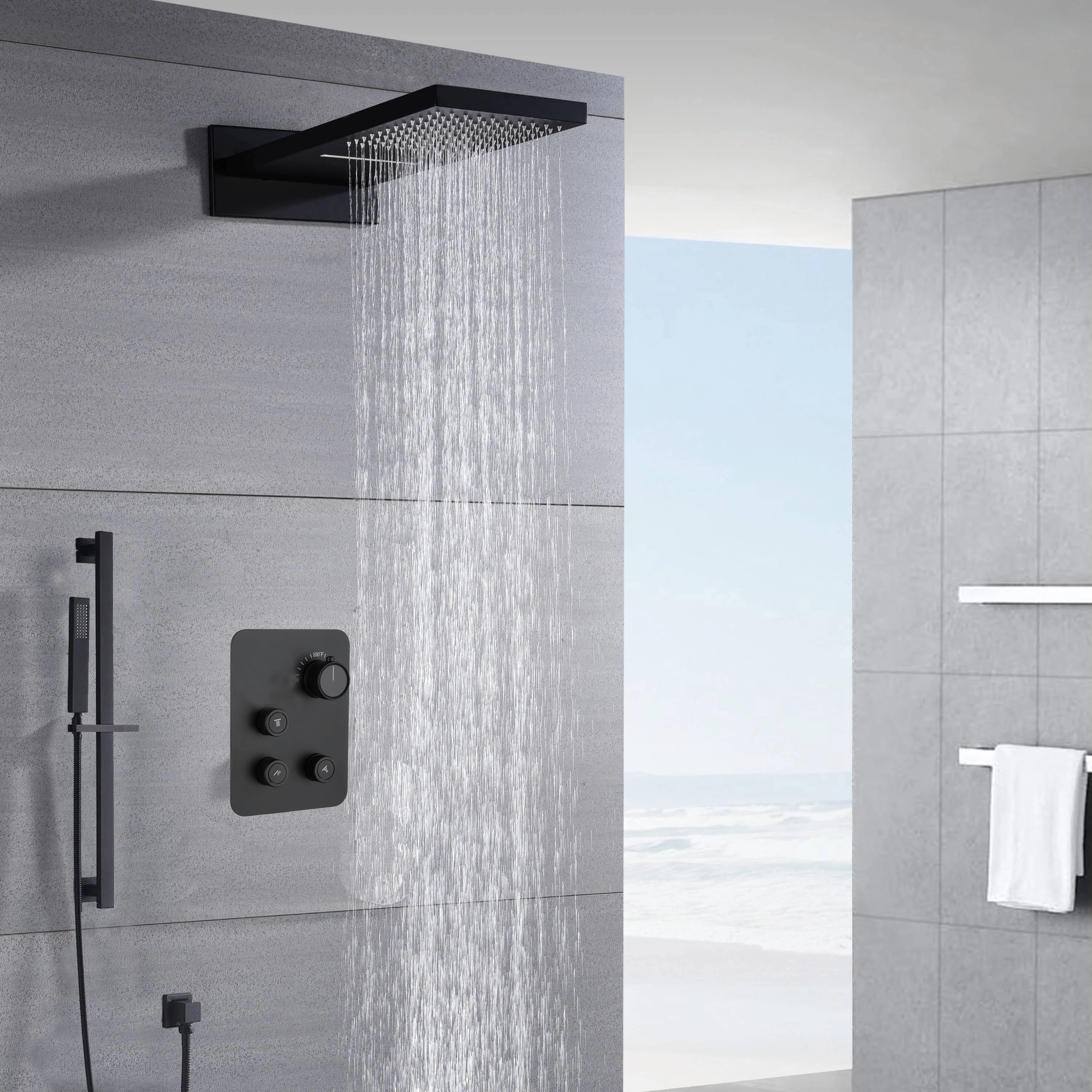 22" Matte Black Rainfall/Waterfall Shower Head with 3-Way Thermostatic Faucet, Optional LED - Image 4
