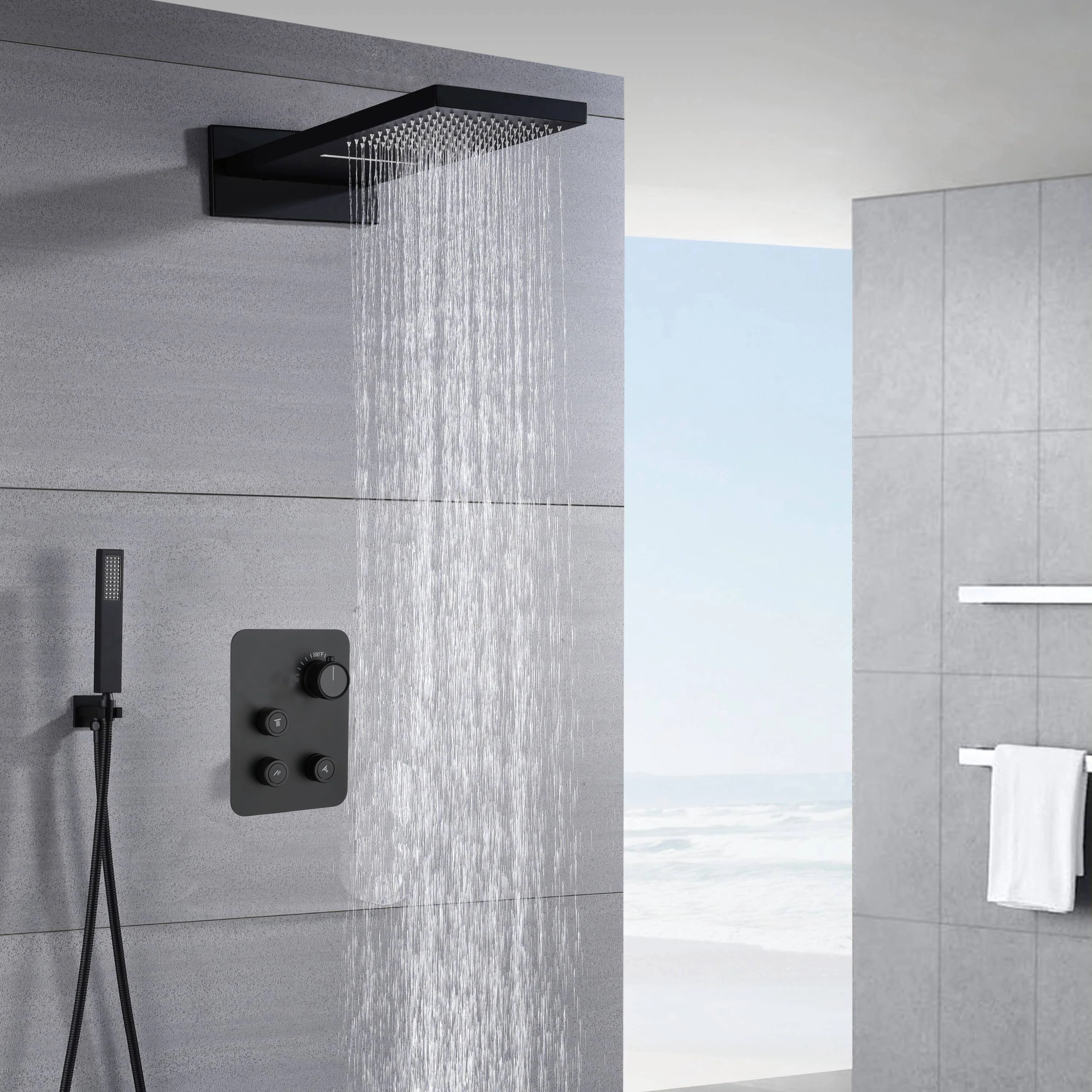 22" Matte Black Rainfall/Waterfall Shower Head with 3-Way Thermostatic Faucet, Optional LED - Image 5