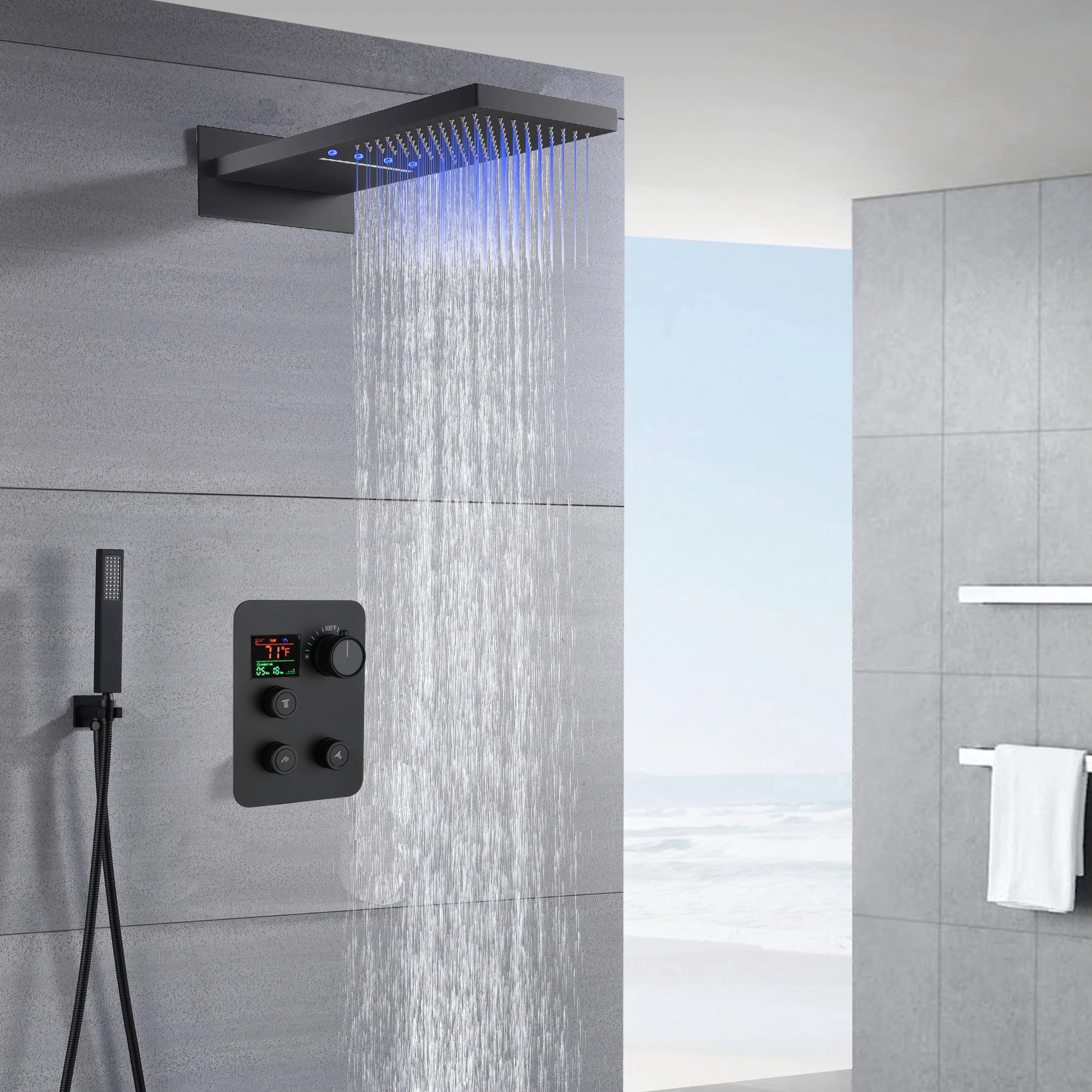 22" Matte Black Rainfall/Waterfall Shower Head with 3-Way Thermostatic Faucet, Optional LED - Image 6