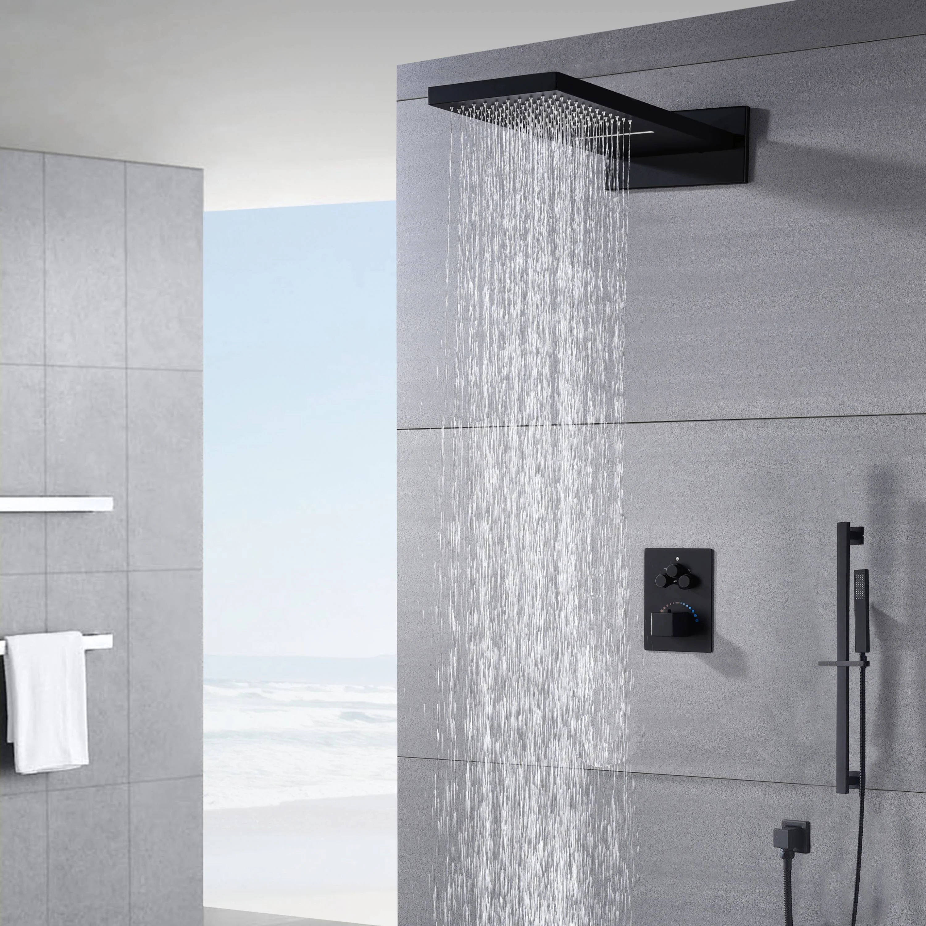 22" Matte Black Rainfall/Waterfall Shower Head with 3-Way Thermostatic Faucet, Optional LED - Image 7
