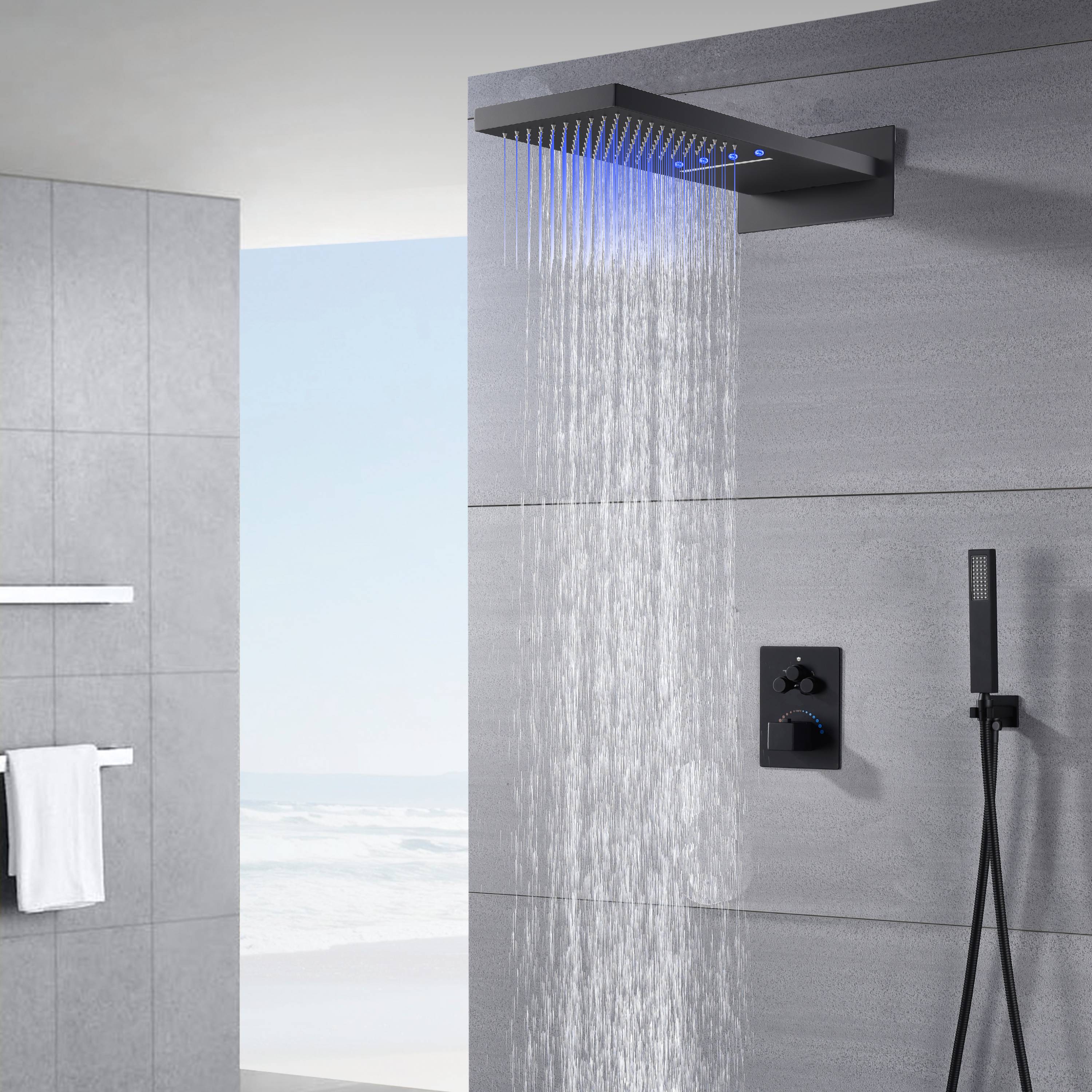 22" Matte Black Rainfall/Waterfall Shower Head with 3-Way Thermostatic Faucet, Optional LED - Image 8