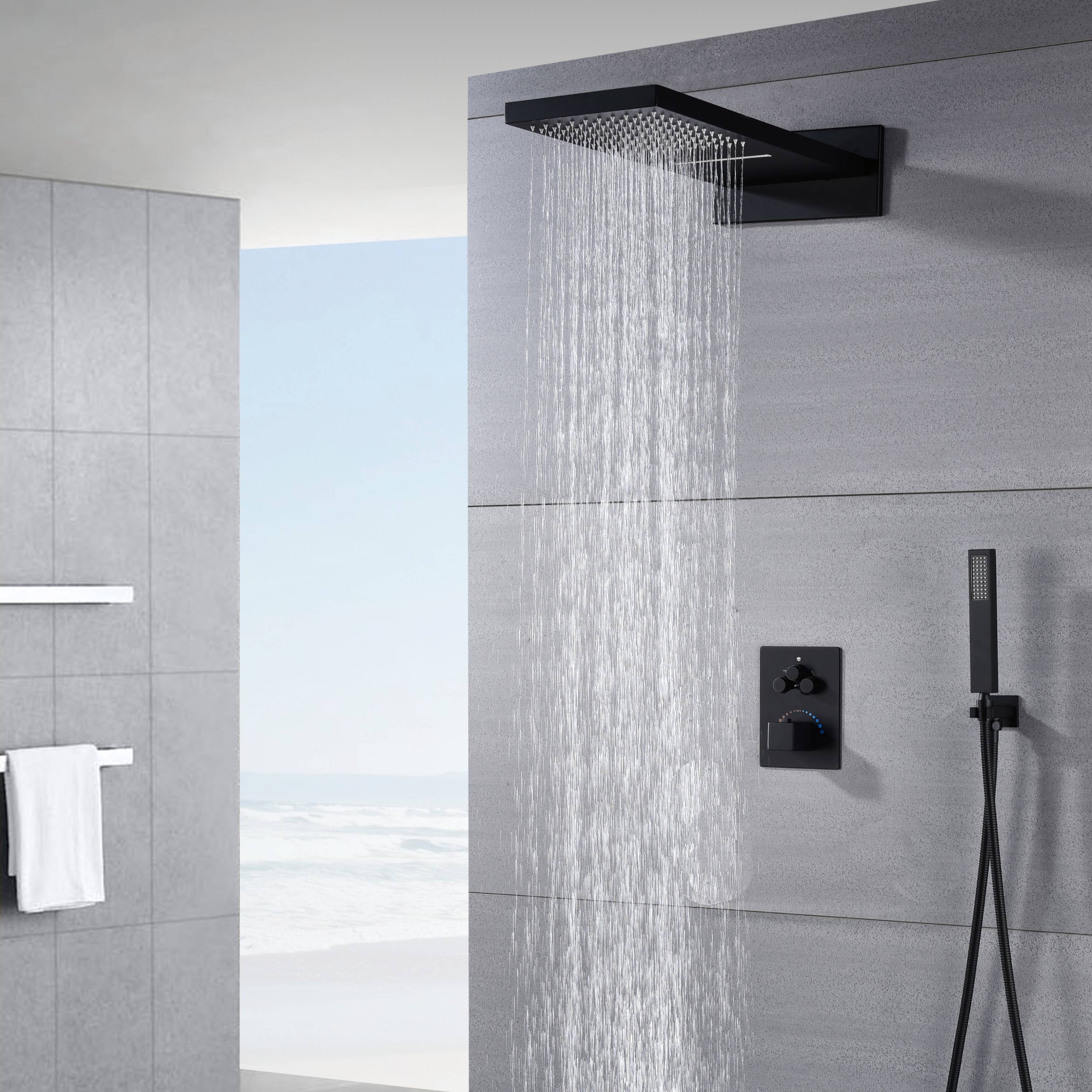 22" Matte Black Rainfall/Waterfall Shower Head with 3-Way Thermostatic Faucet, Optional LED - Image 9