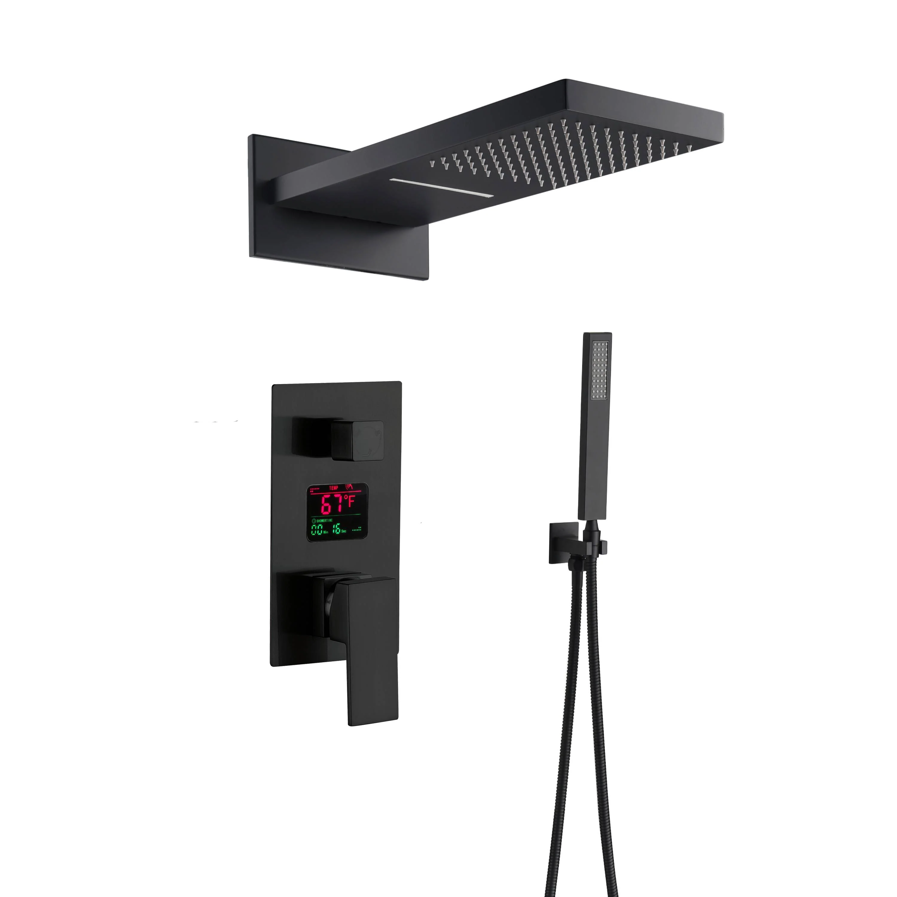 22-Inch Matte Black Rainfall Waterfall Shower Faucet with Optional LED Lighting and 3-Way Digital Display Pressure Balance Valve - Image 3