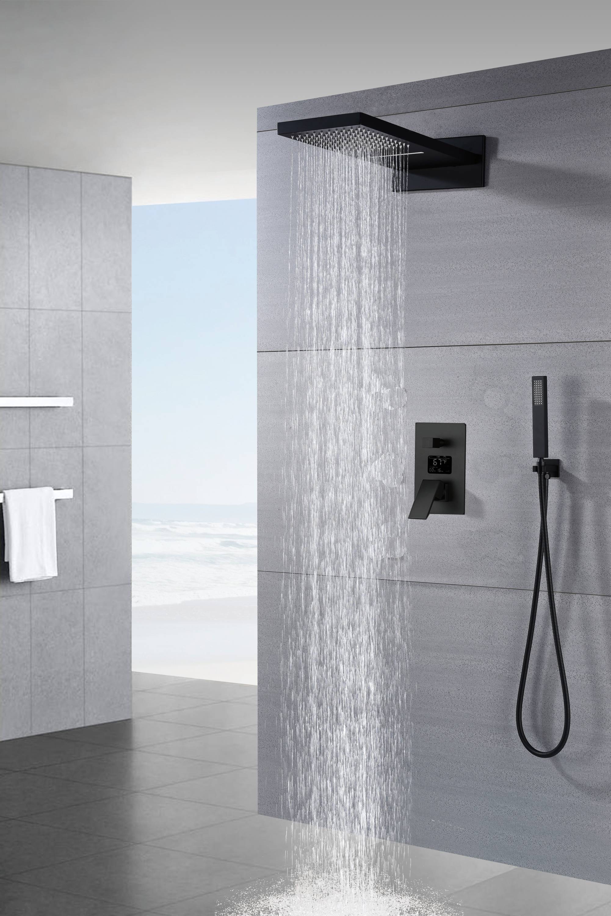 22-Inch Matte Black Rainfall Waterfall Shower Faucet with Optional LED Lighting and 3-Way Digital Display Pressure Balance Valve - Image 4