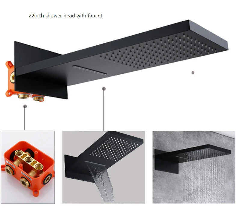 22-Inch Matte Black Rainfall Waterfall Shower Faucet with Optional LED Lighting and 3-Way Digital Display Pressure Balance Valve - Image 6