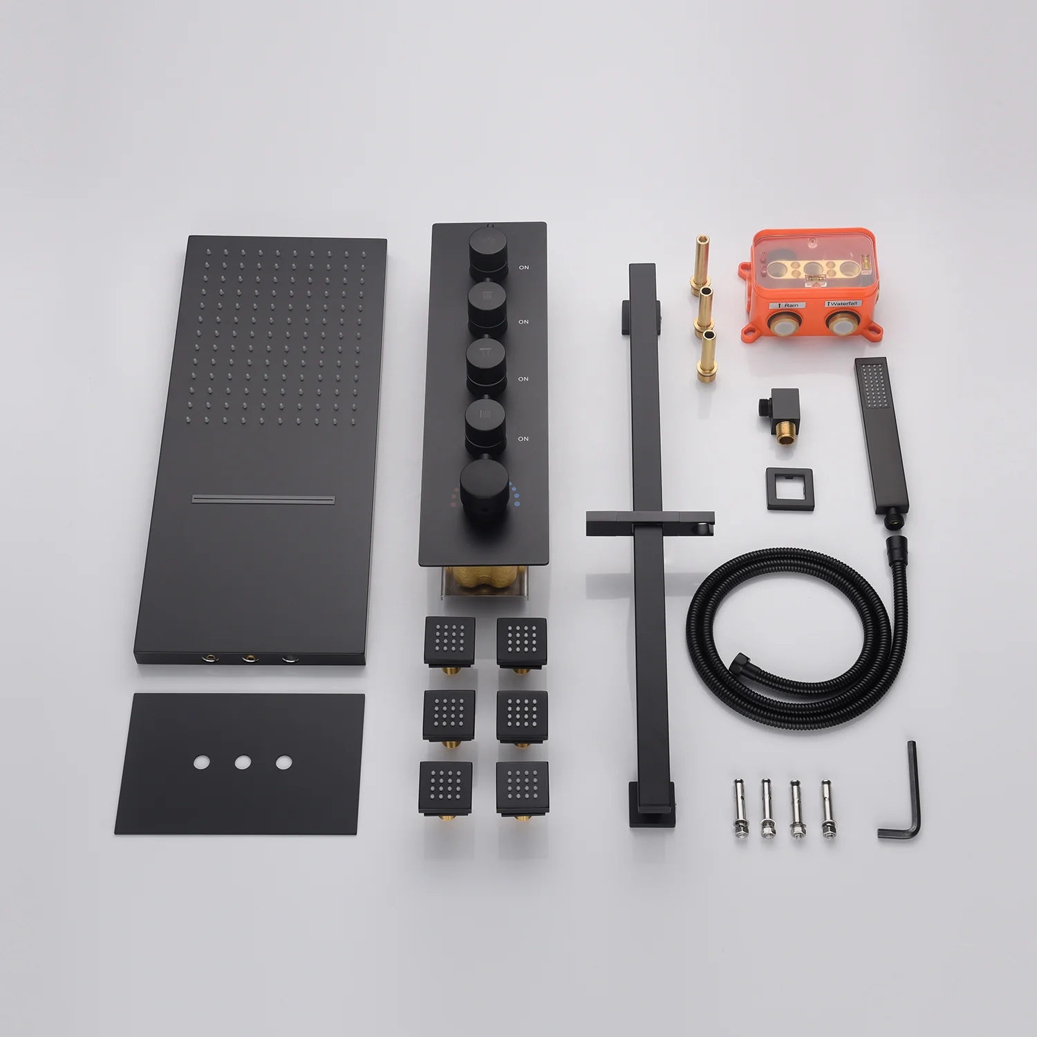 The Exquisite 22'' Matte Black 4-Way Thermostatic Shower Faucet with Waterfall, Rain Massage, Body Jet Spray, and Sliding Bar - Image 5