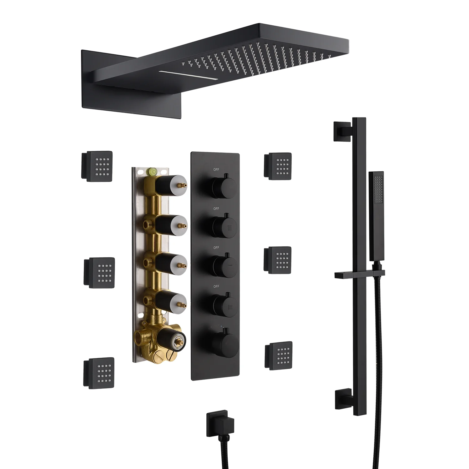 The Exquisite 22'' Matte Black 4-Way Thermostatic Shower Faucet with Waterfall, Rain Massage, Body Jet Spray, and Sliding Bar - Image 6