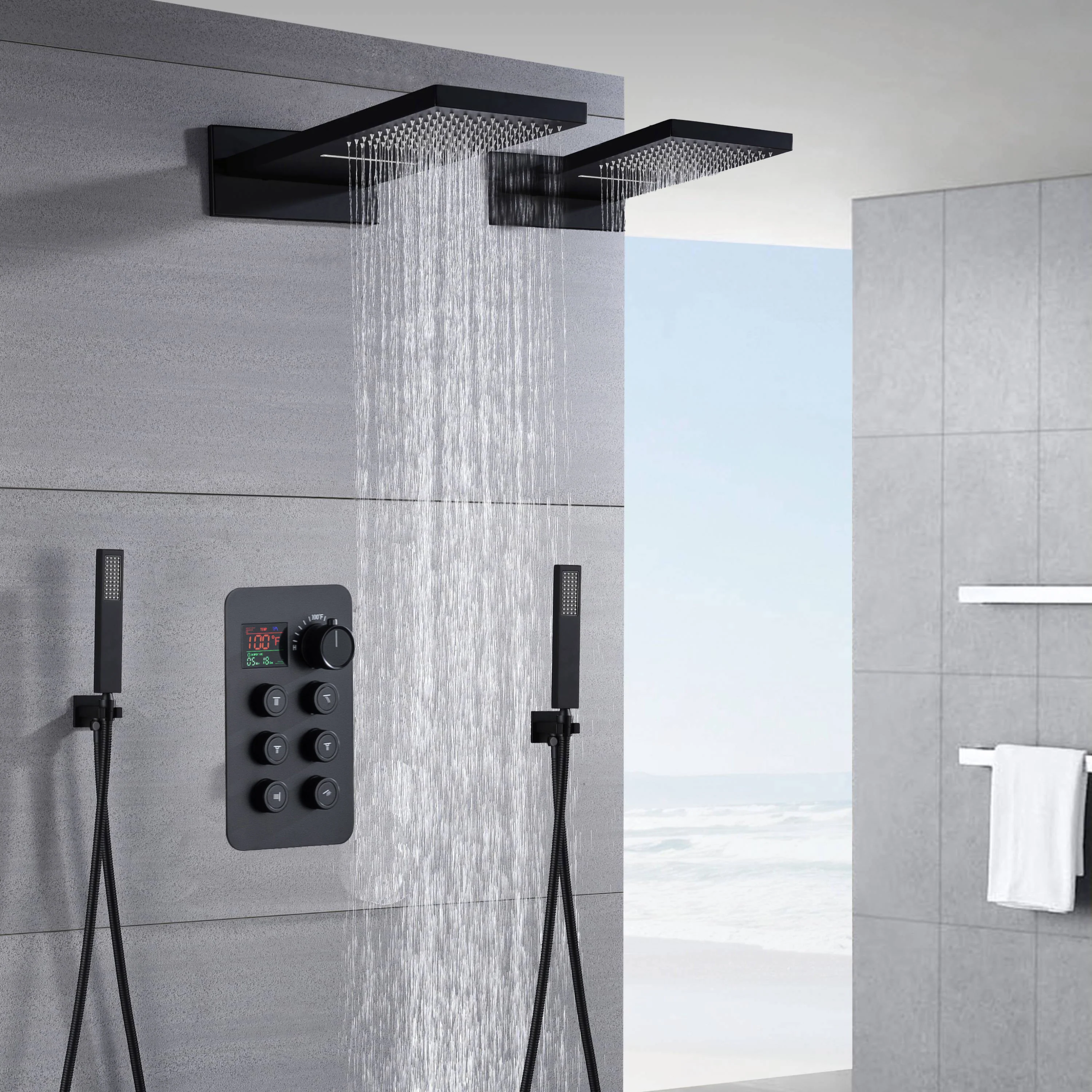 Dual 22" Matte Black Rainfall/Waterfall Shower Head with 6-Way Thermostatic Faucet,Dual Handle Wands - Image 2