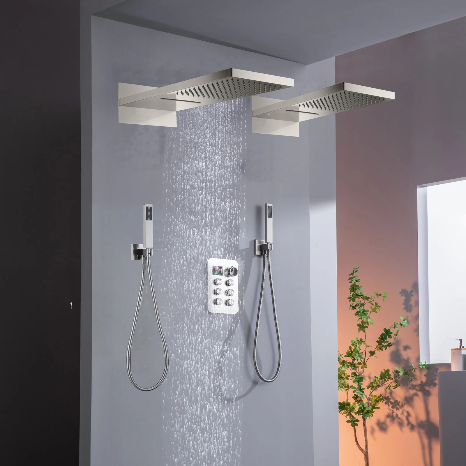 Digital Display 6-Way Thermostatic Faucet with Dual 22" Rainfall Waterfall Shower Heads - Image 3