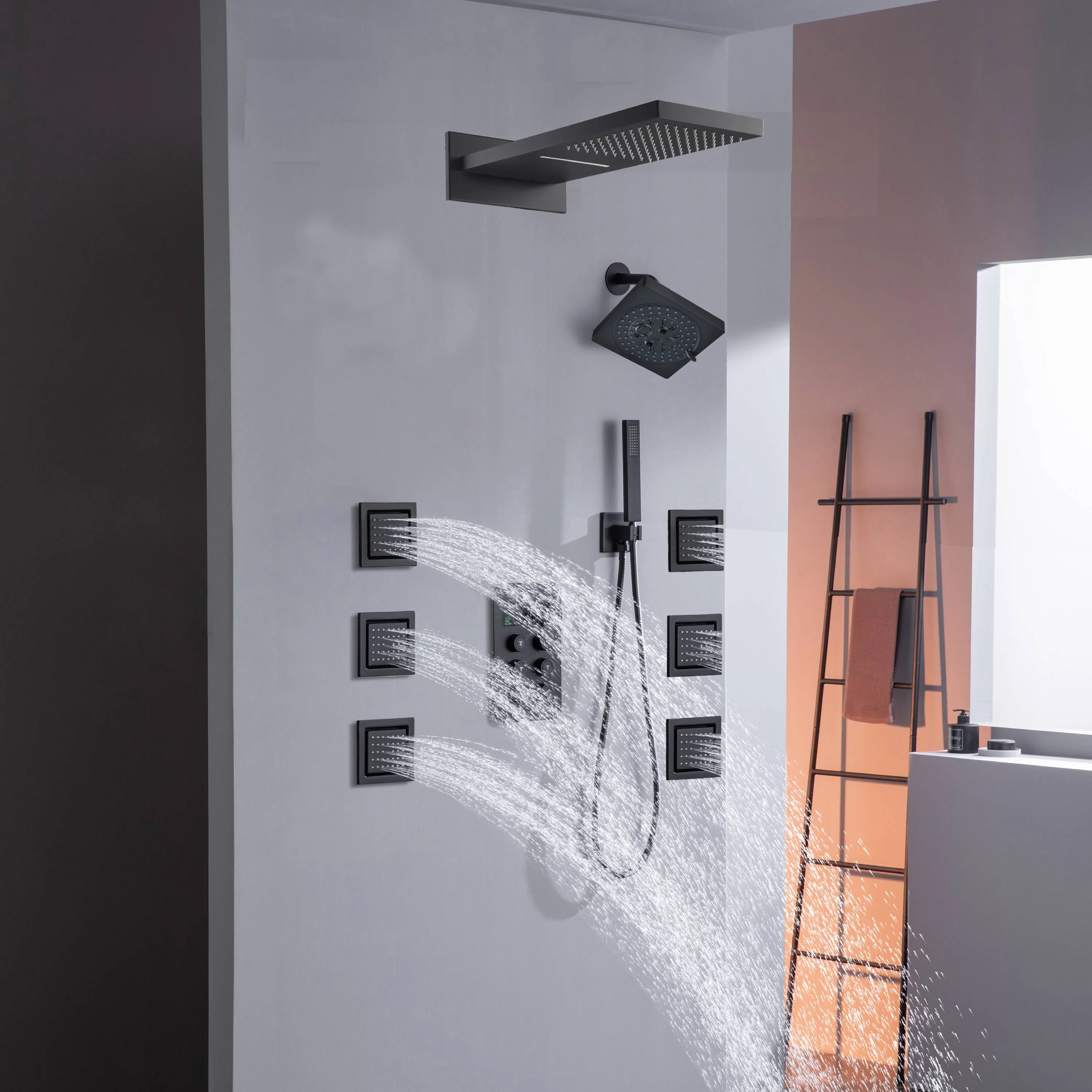 22" Rainfall Waterfall Shower System with 6-Way Thermostatic Faucet, Single Regular Head,6 Body Jets - Image 2