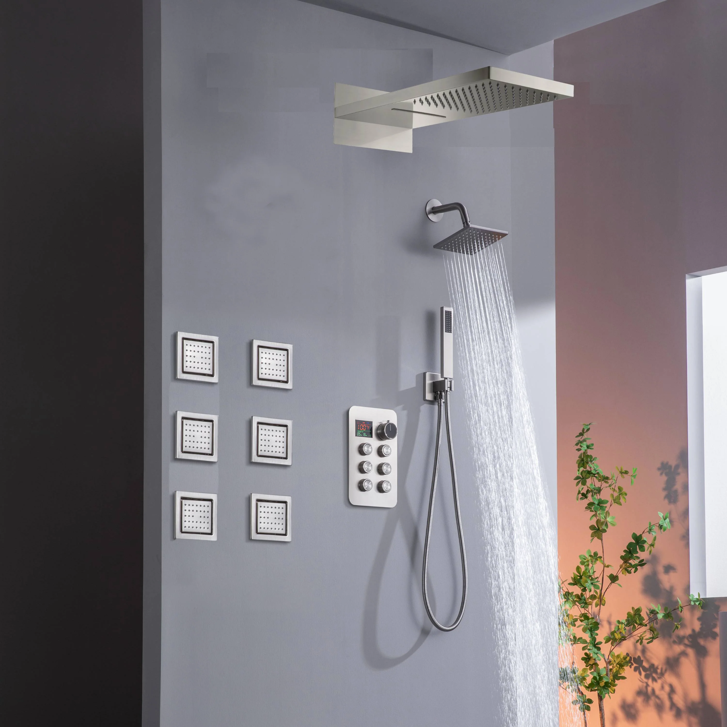 22" Rainfall Waterfall Shower System with 6-Way Thermostatic Faucet, Single Regular Head,6 Body Jets - Image 28