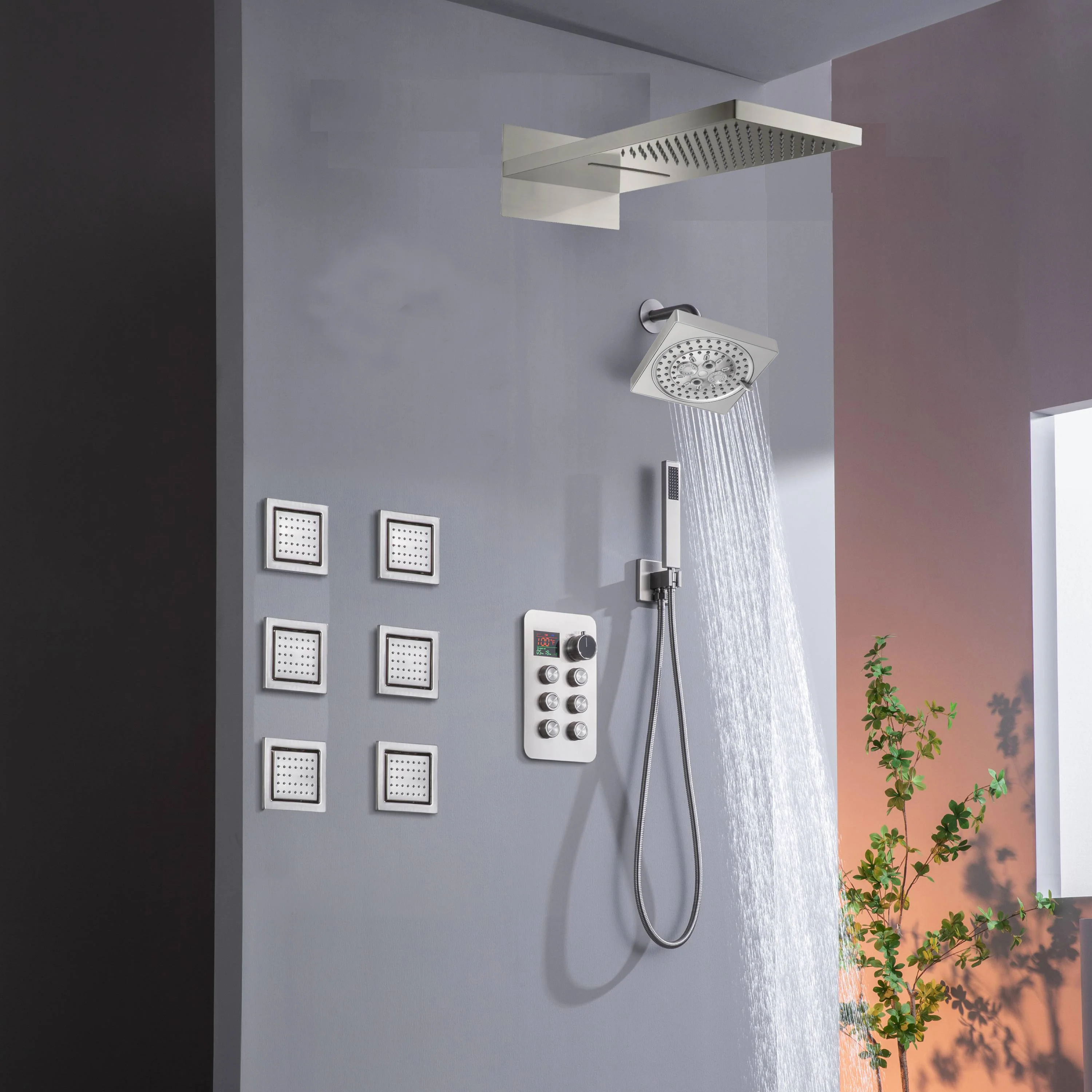 22" Rainfall Waterfall Shower System with 6-Way Thermostatic Faucet, Single Regular Head,6 Body Jets - Image 29