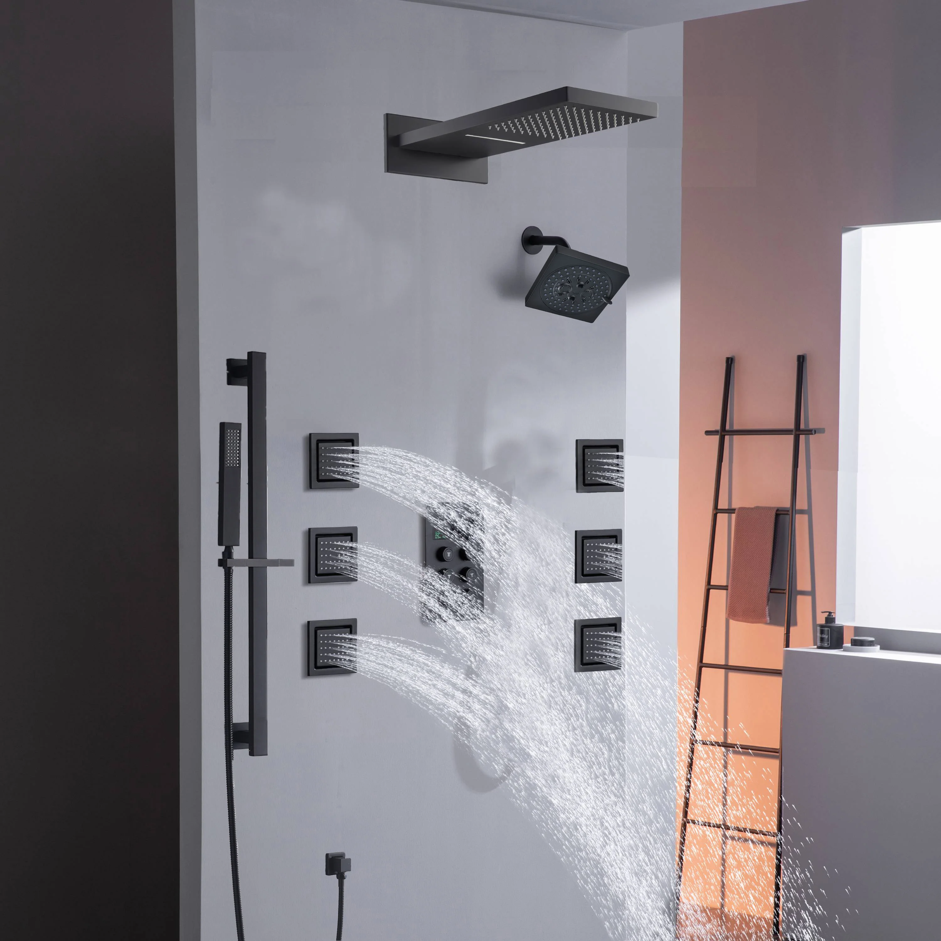 22" Rainfall Waterfall Shower System with 6-Way Thermostatic Faucet, Single Regular Head,6 Body Jets - Image 3