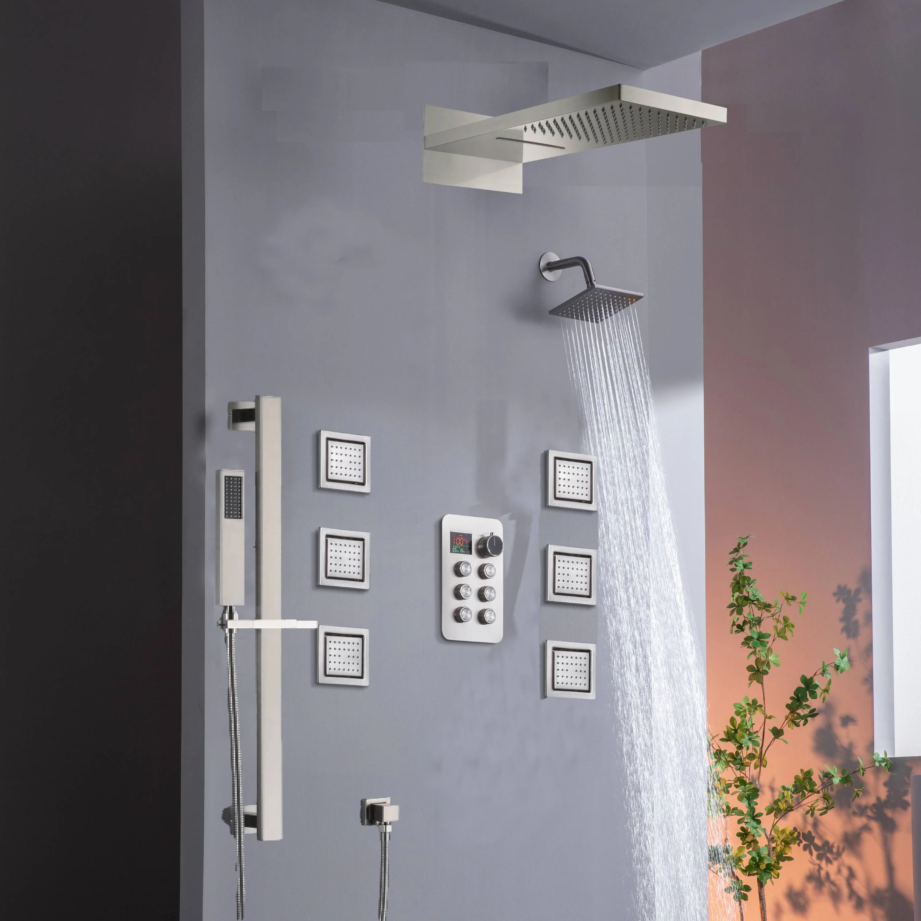 22" Rainfall Waterfall Shower System with 6-Way Thermostatic Faucet, Single Regular Head,6 Body Jets - Image 30