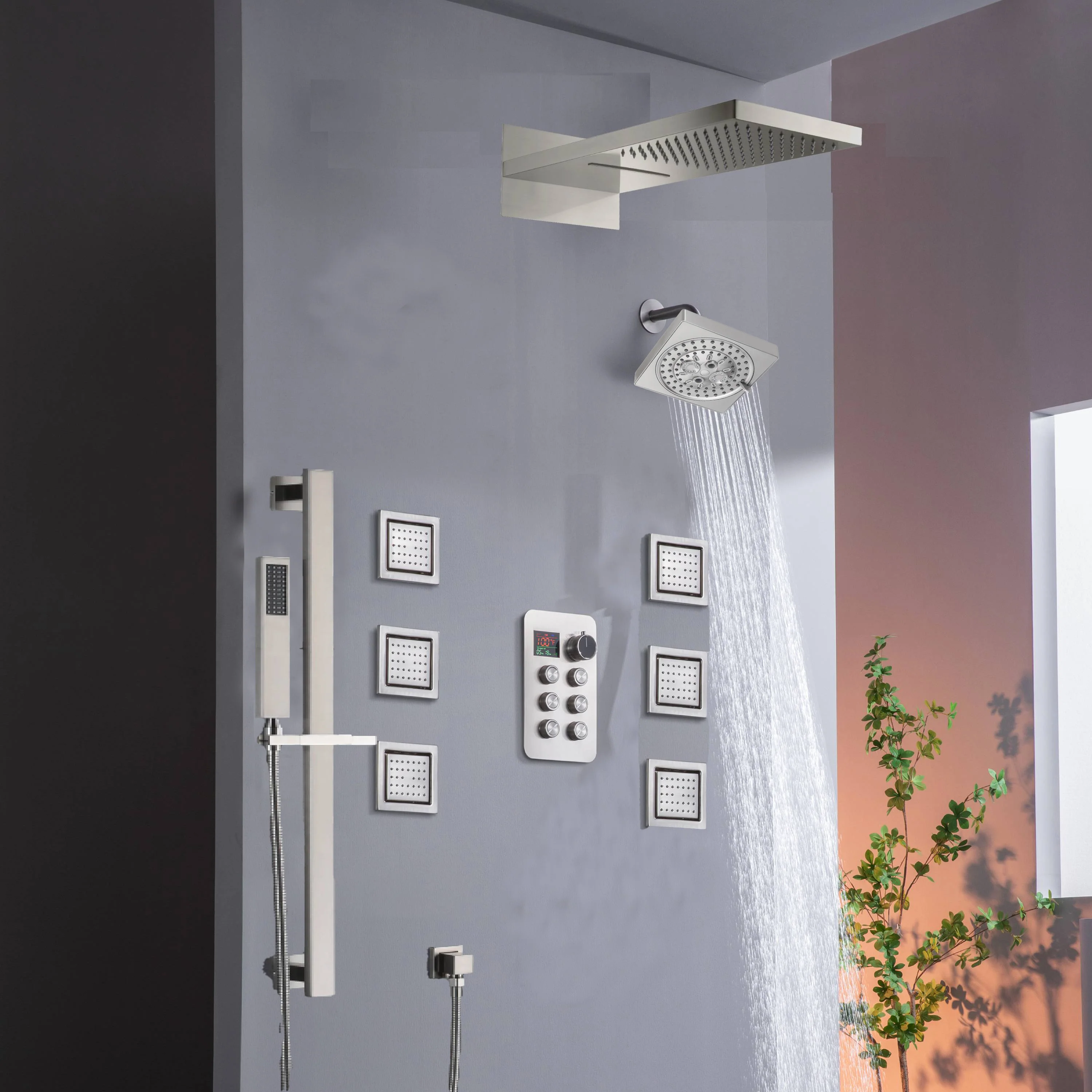 22" Rainfall Waterfall Shower System with 6-Way Thermostatic Faucet, Single Regular Head,6 Body Jets - Image 31