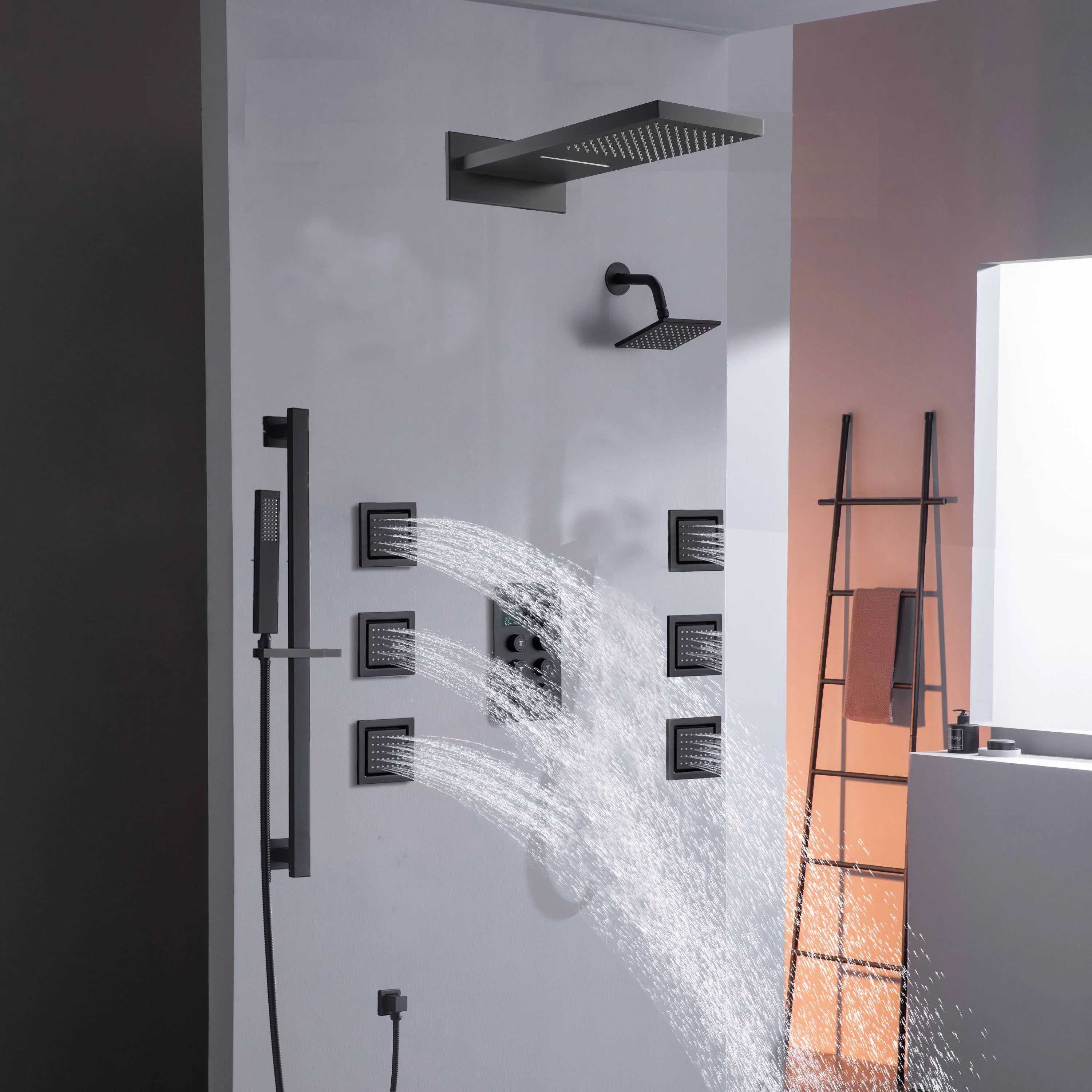 22" Rainfall Waterfall Shower System with 6-Way Thermostatic Faucet, Single Regular Head,6 Body Jets - Image 4