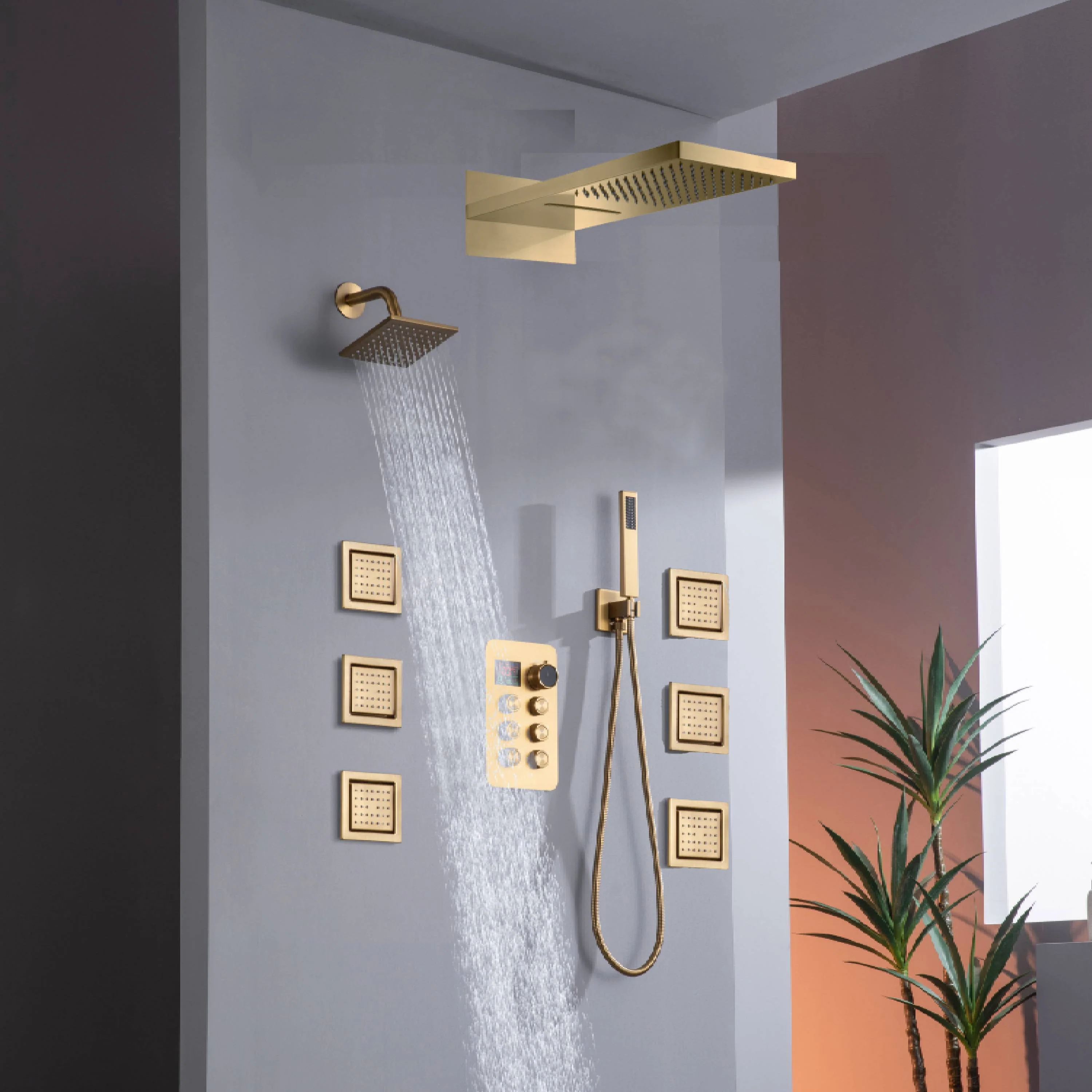 22" Rainfall Waterfall Shower System with 6-Way Thermostatic Faucet, Single Regular Head,6 Body Jets - Image 6