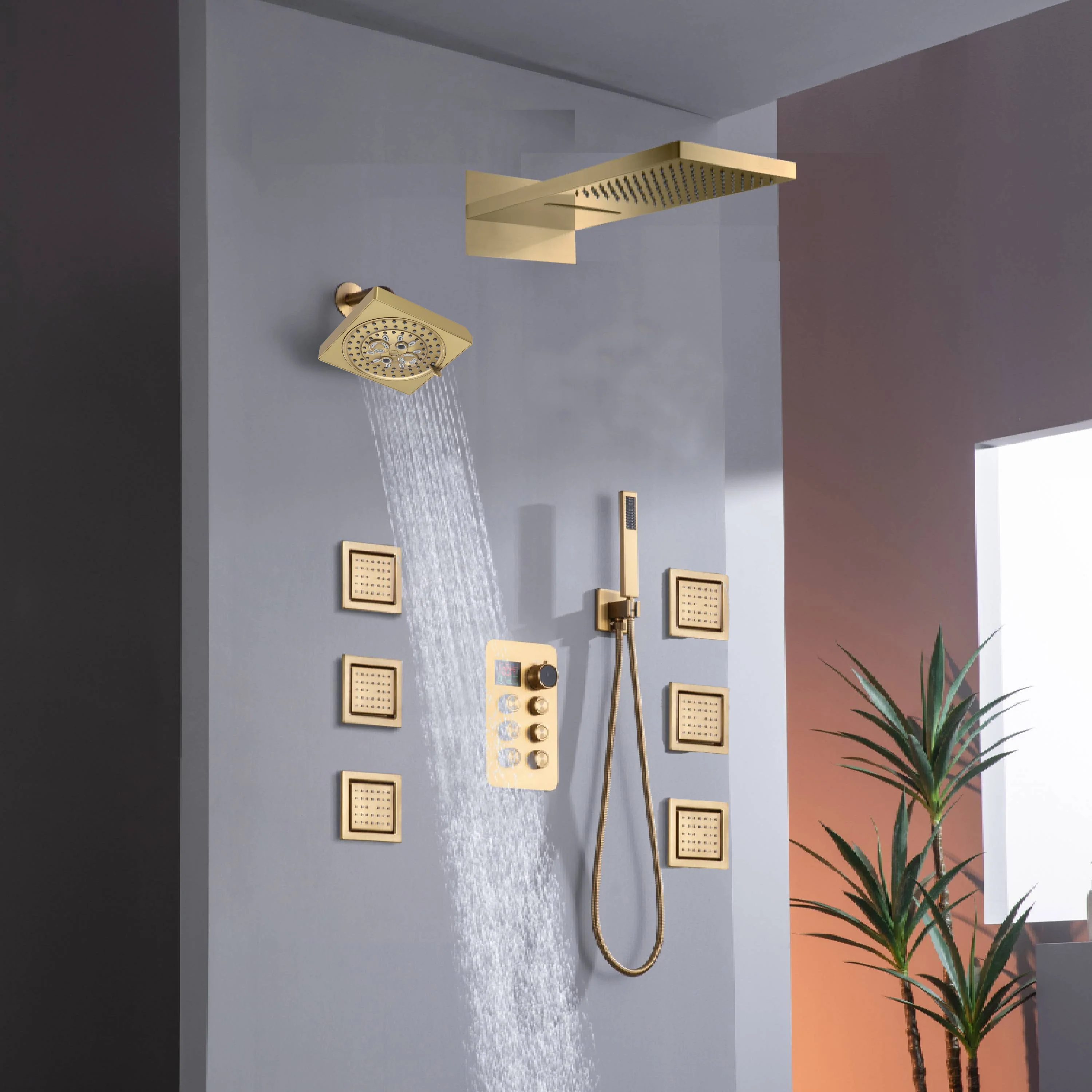 22" Rainfall Waterfall Shower System with 6-Way Thermostatic Faucet, Single Regular Head,6 Body Jets - Image 7