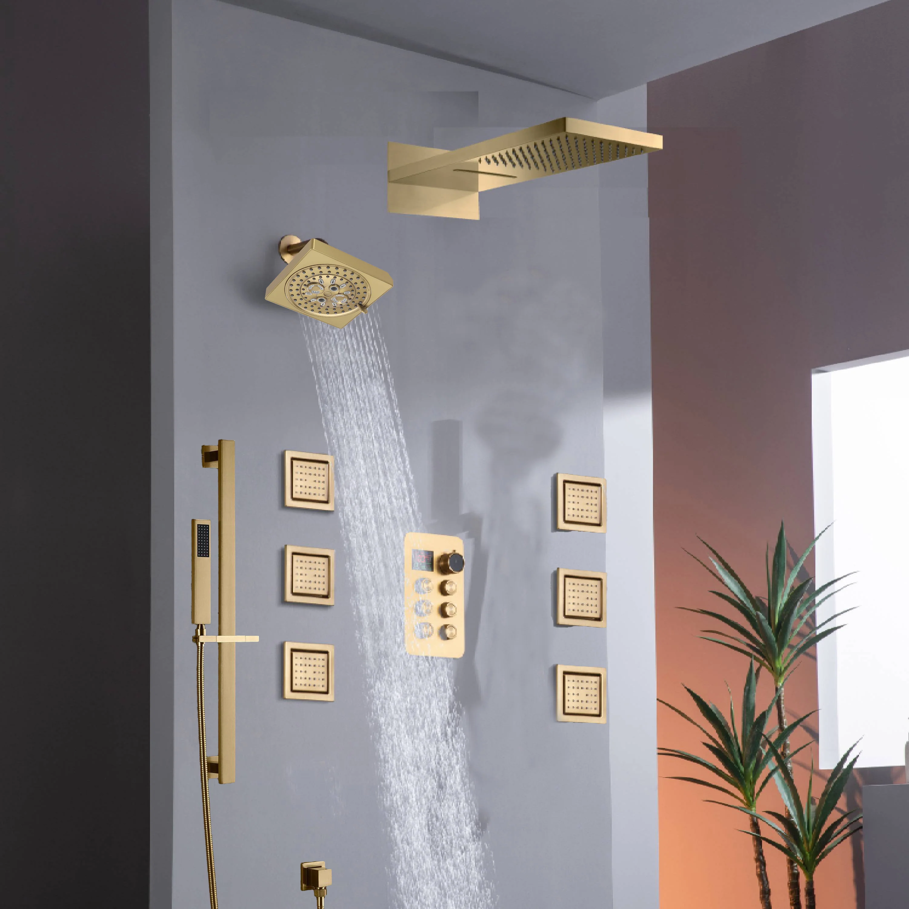 22" Rainfall Waterfall Shower System with 6-Way Thermostatic Faucet, Single Regular Head,6 Body Jets - Image 8