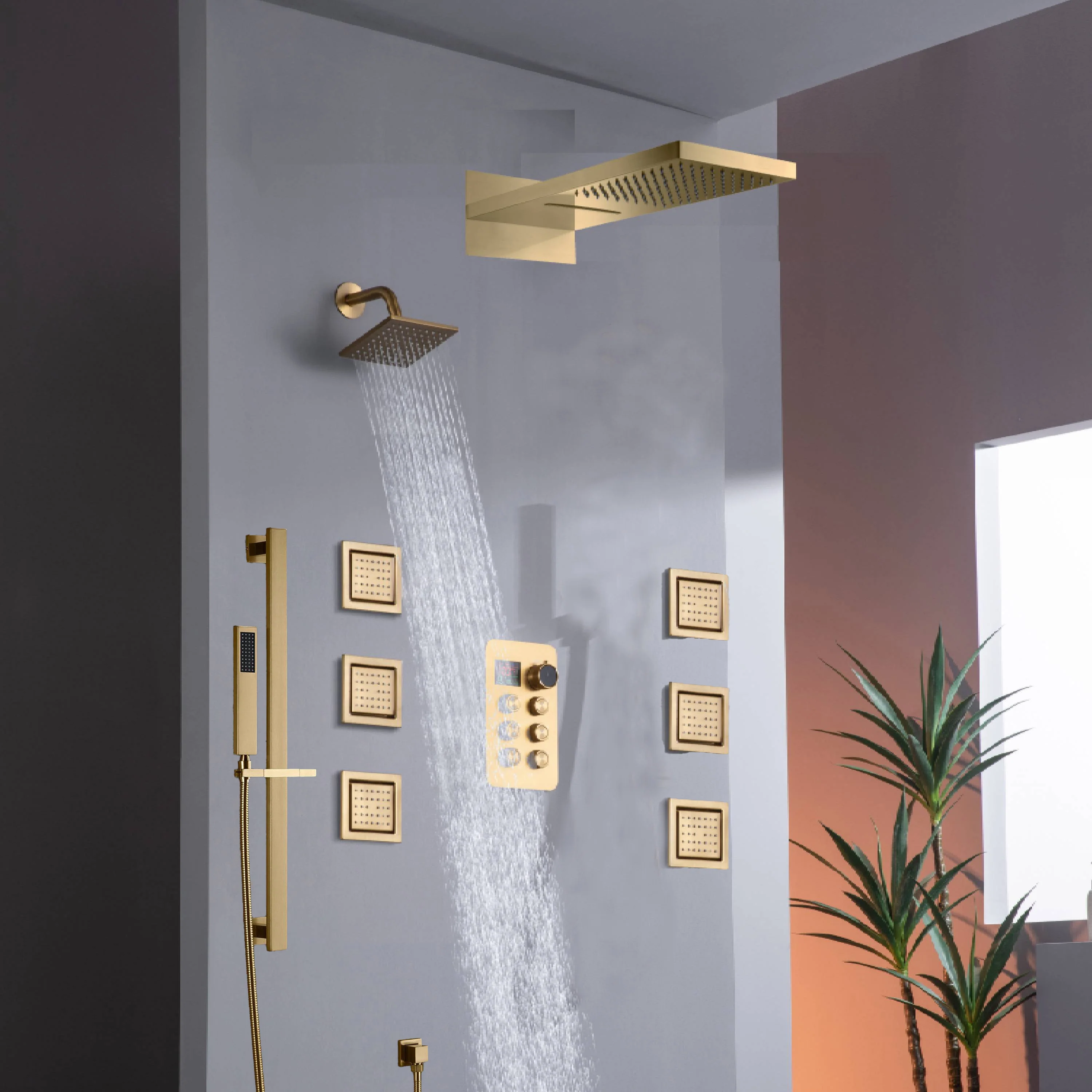 22" Rainfall Waterfall Shower System with 6-Way Thermostatic Faucet, Single Regular Head,6 Body Jets - Image 9