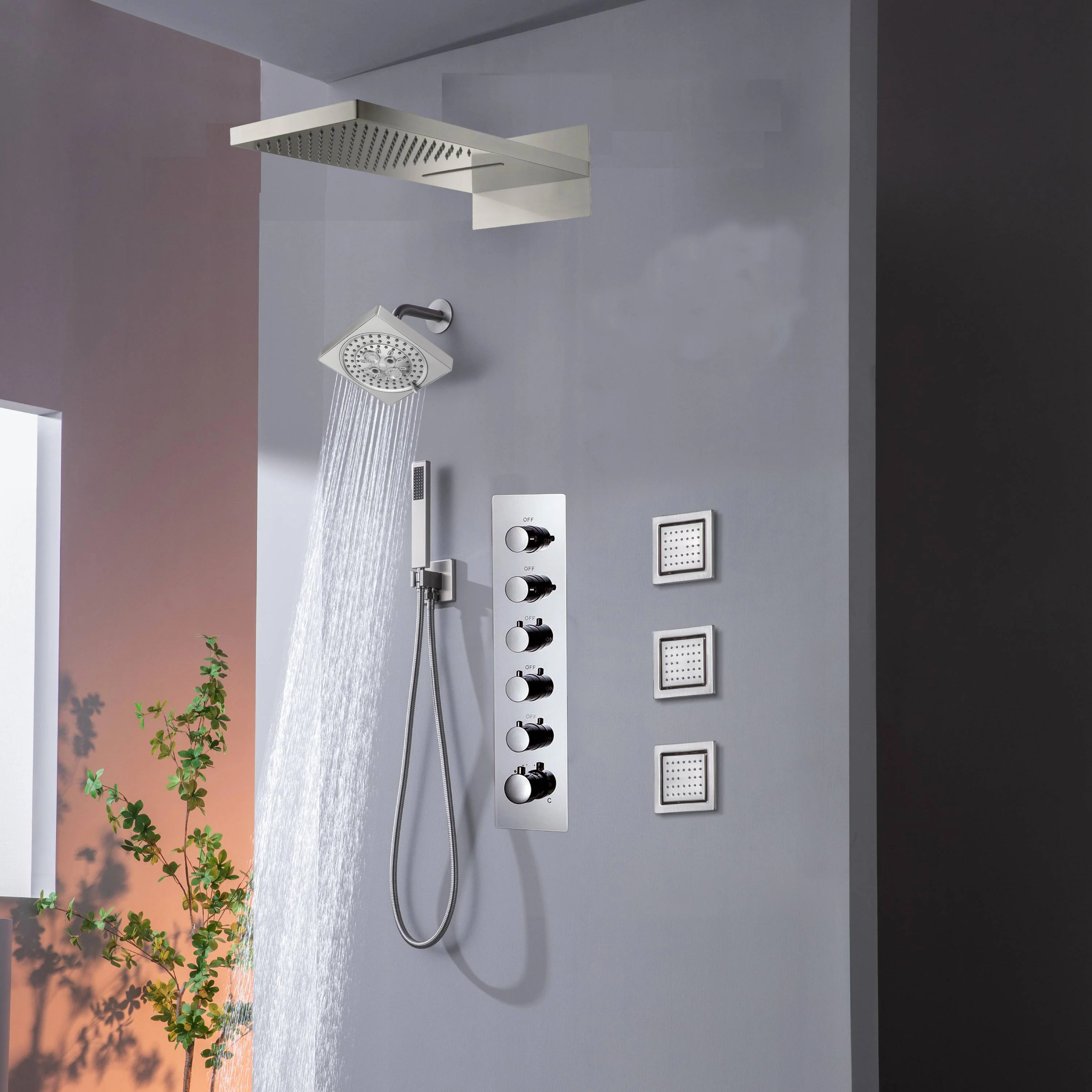 22" Rainfall Waterfall Shower System with 5-Way Thermostatic Faucet, Dual Regular Head, Body Jets - Image 10