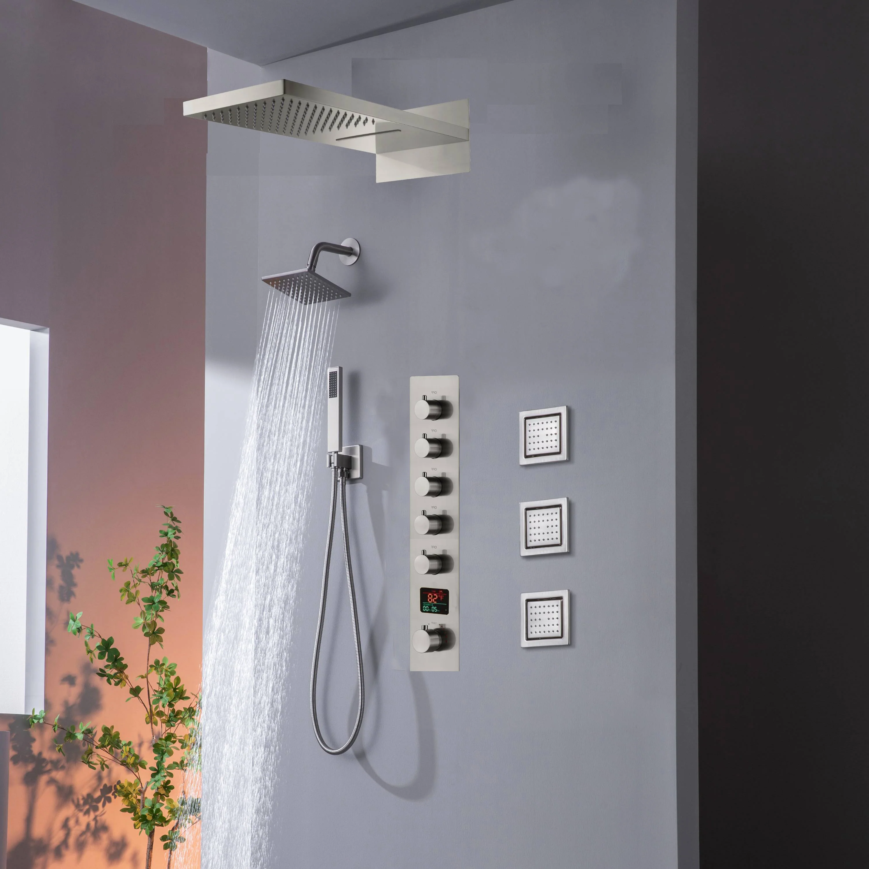 22" Rainfall Waterfall Shower System with 5-Way Thermostatic Faucet, Dual Regular Head, Body Jets - Image 11