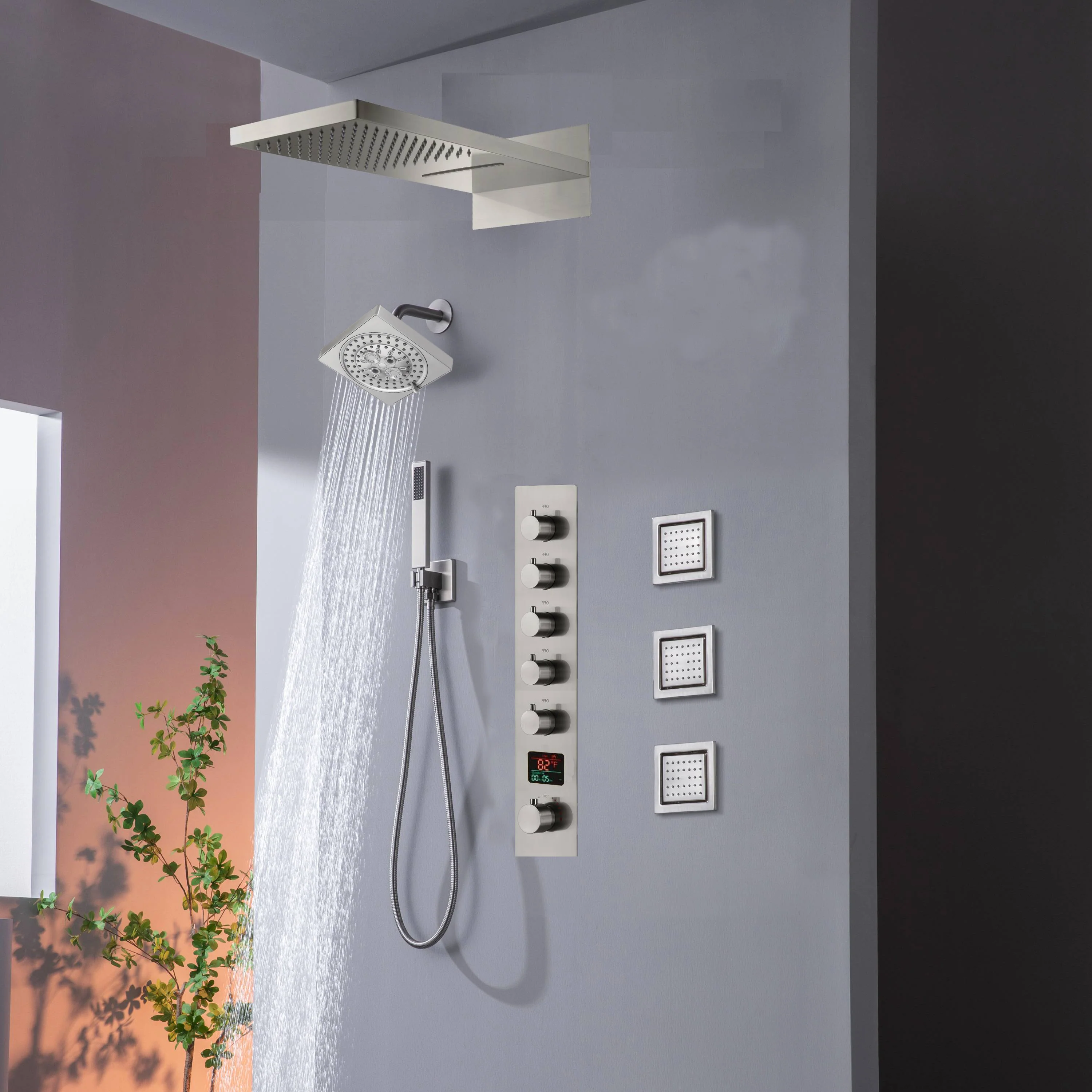 22" Rainfall Waterfall Shower System with 5-Way Thermostatic Faucet, Dual Regular Head, Body Jets - Image 12