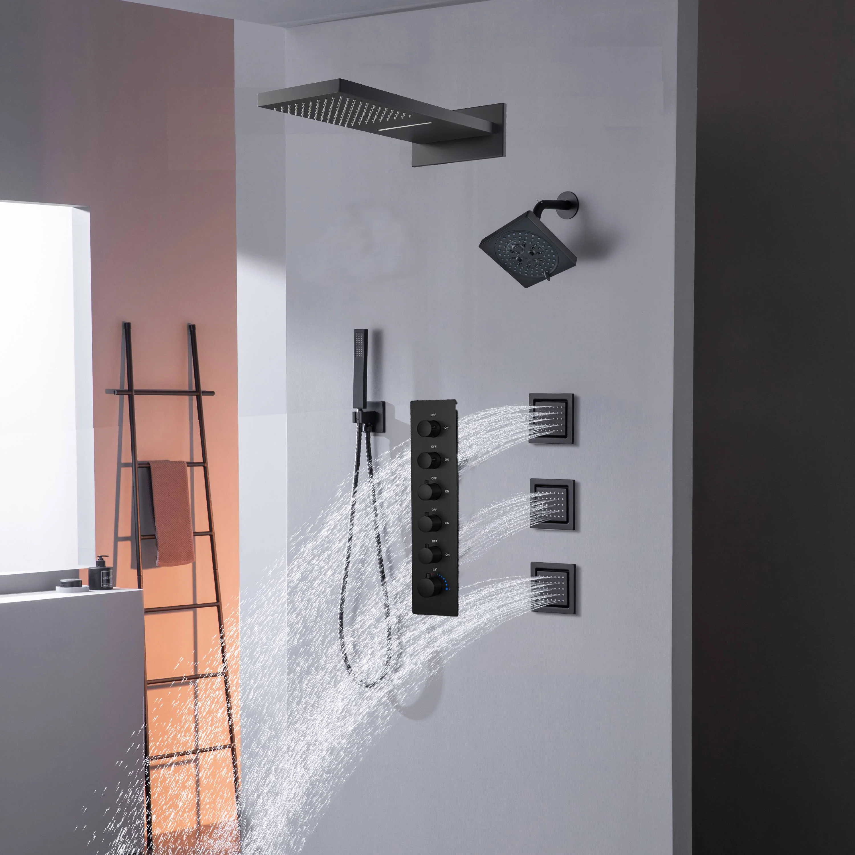 22" Rainfall Waterfall Shower System with 5-Way Thermostatic Faucet, Dual Regular Head, Body Jets - Image 2