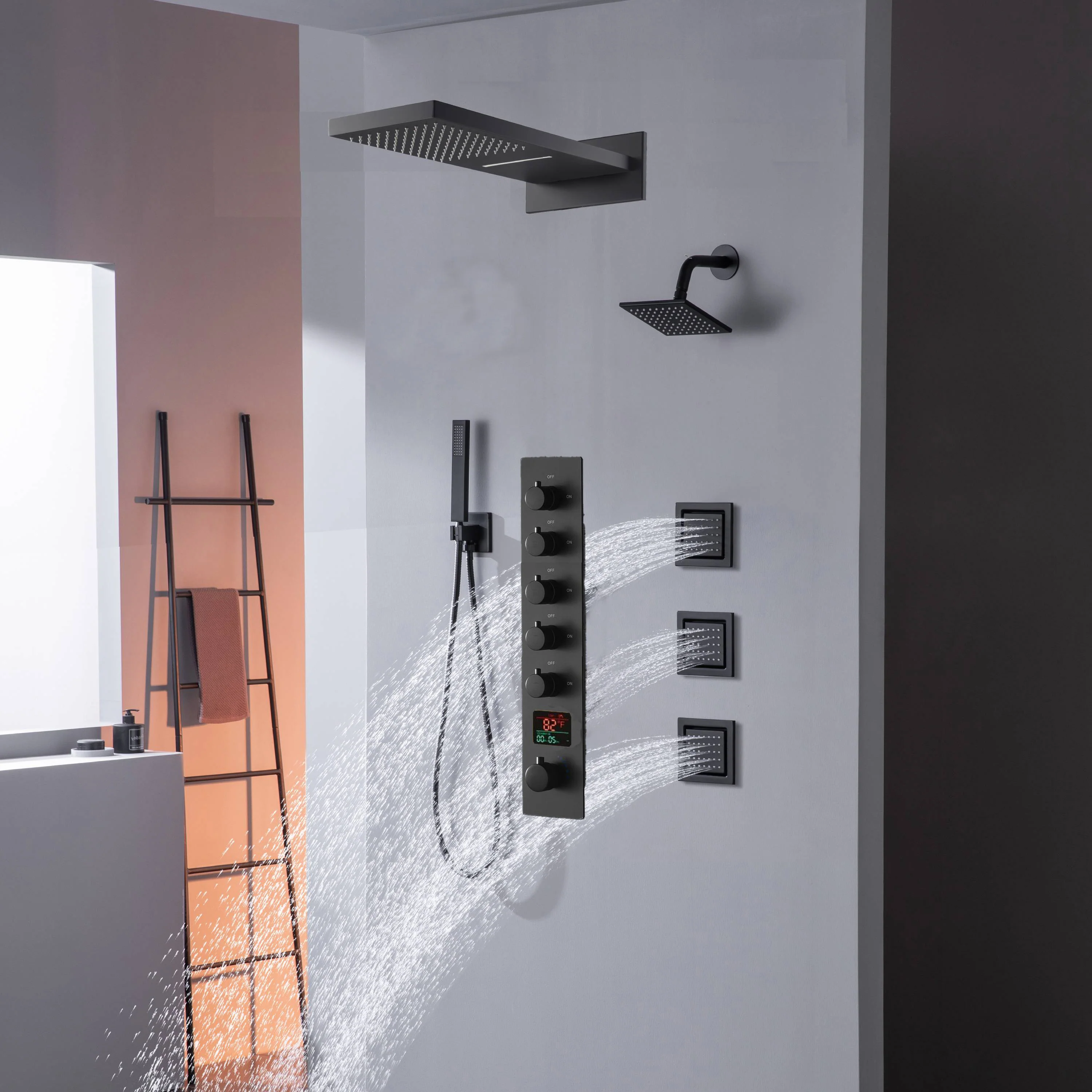 22" Rainfall Waterfall Shower System with 5-Way Thermostatic Faucet, Dual Regular Head, Body Jets - Image 3