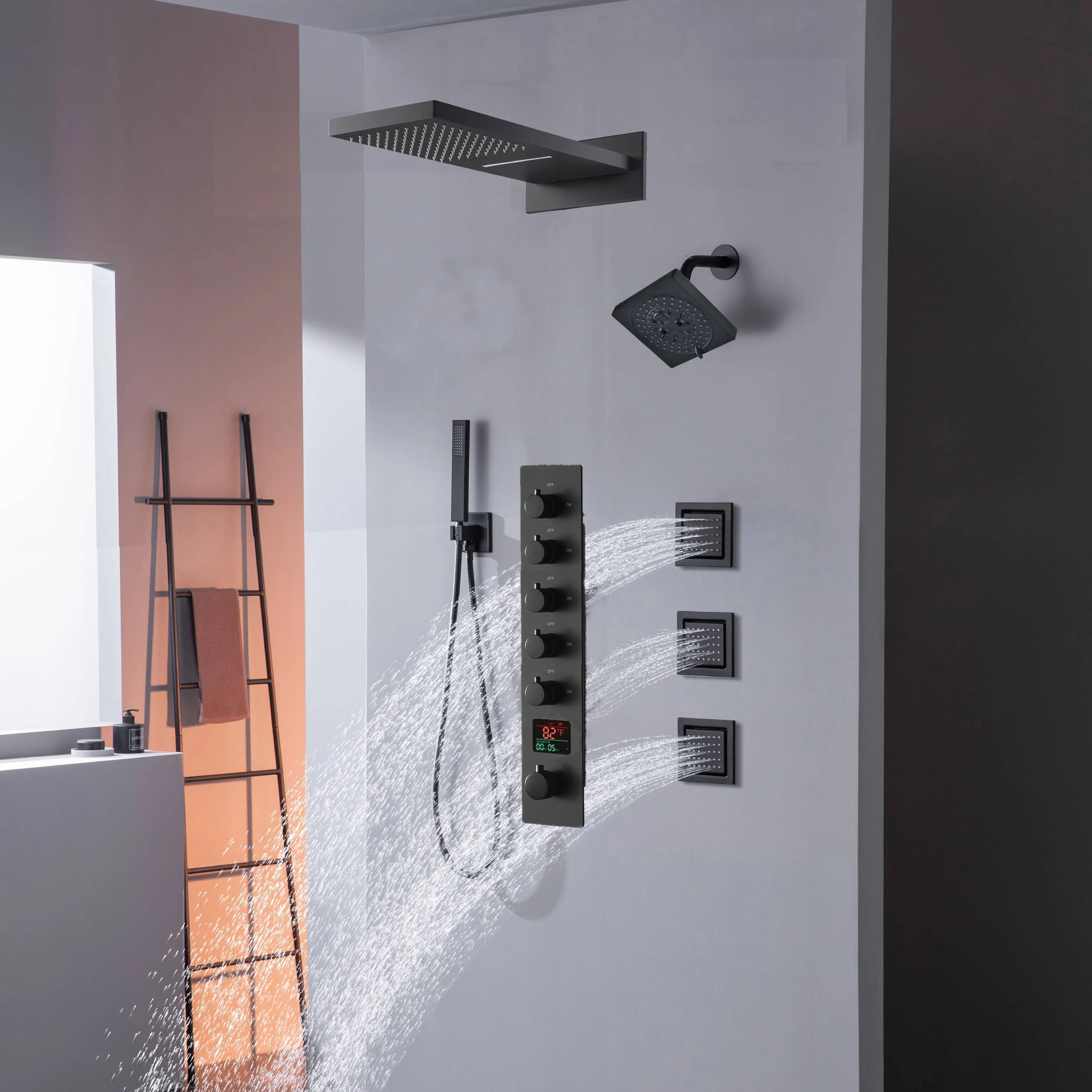 22" Rainfall Waterfall Shower System with 5-Way Thermostatic Faucet, Dual Regular Head, Body Jets - Image 4