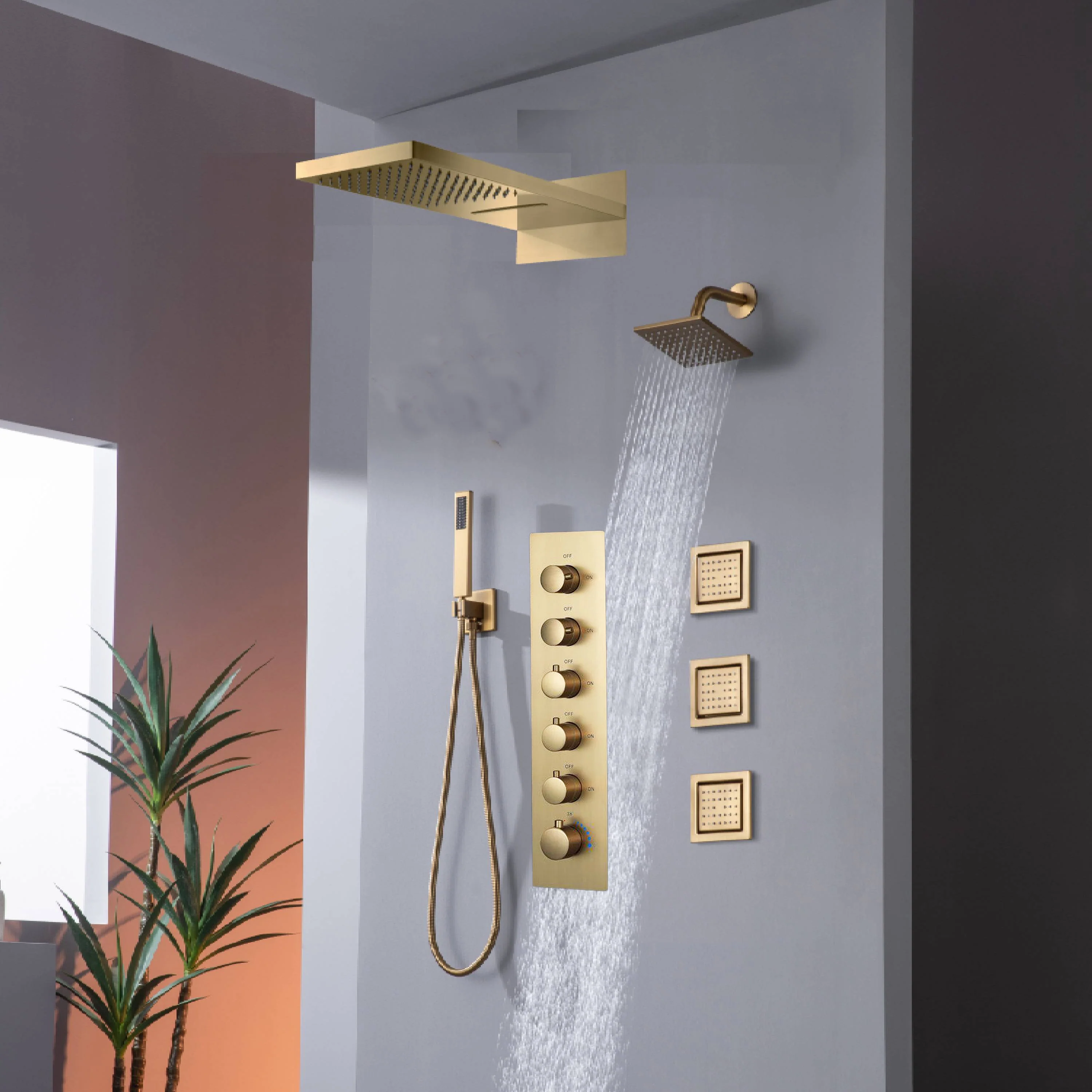 22" Rainfall Waterfall Shower System with 5-Way Thermostatic Faucet, Dual Regular Head, Body Jets - Image 5