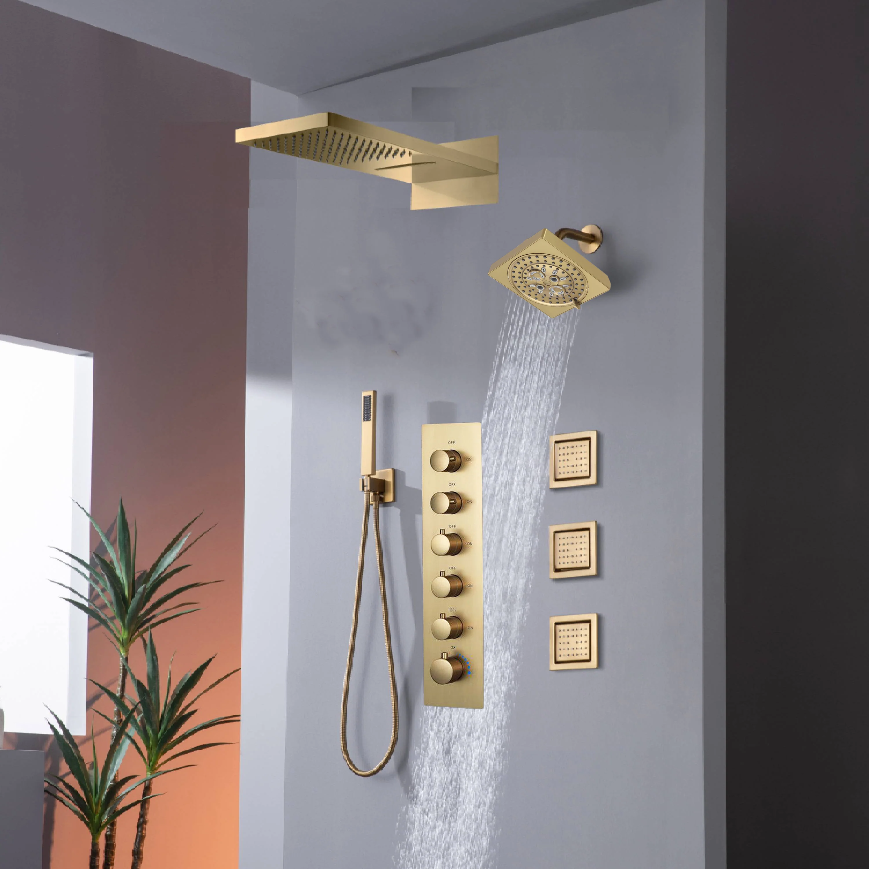22" Rainfall Waterfall Shower System with 5-Way Thermostatic Faucet, Dual Regular Head, Body Jets - Image 6