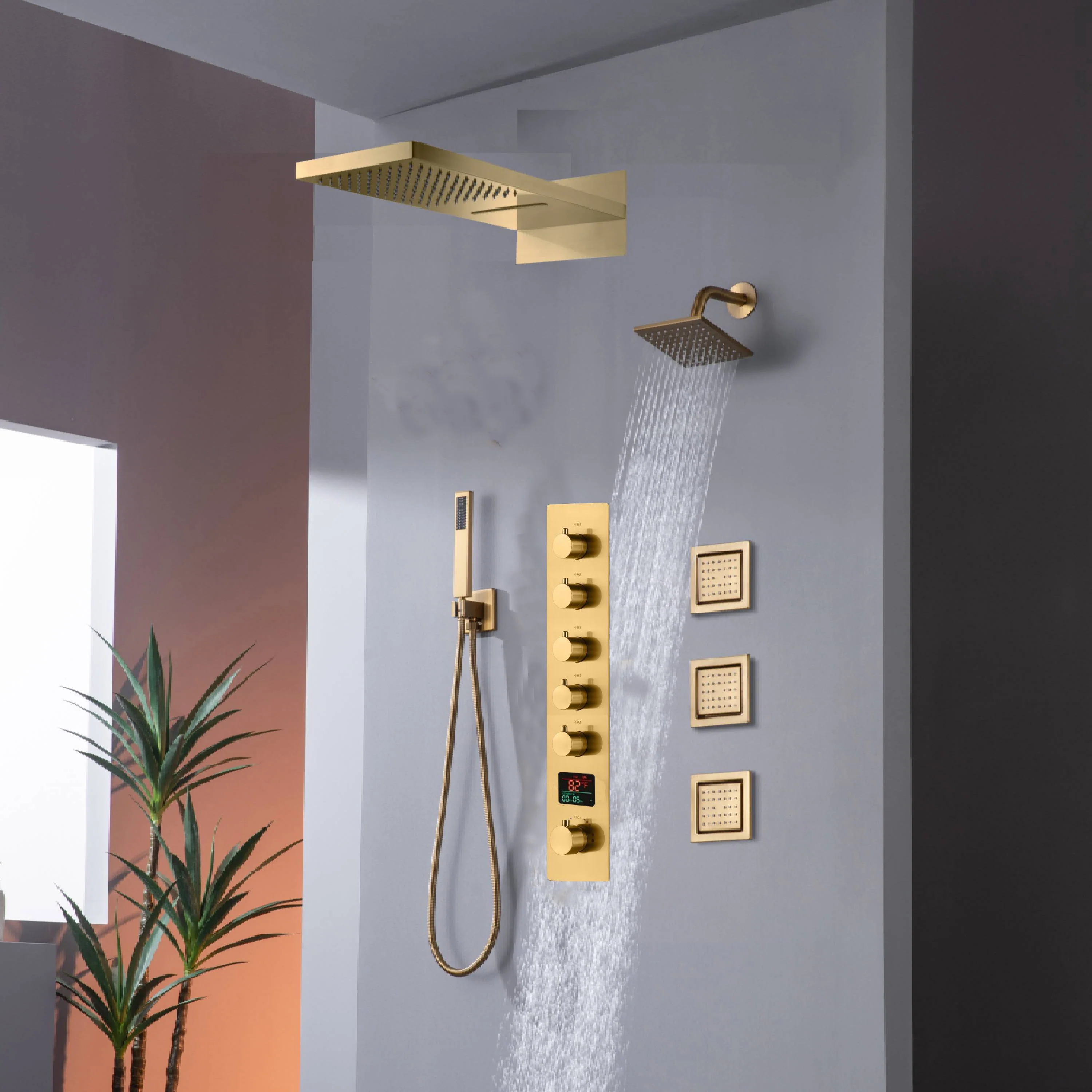 22" Rainfall Waterfall Shower System with 5-Way Thermostatic Faucet, Dual Regular Head, Body Jets - Image 7
