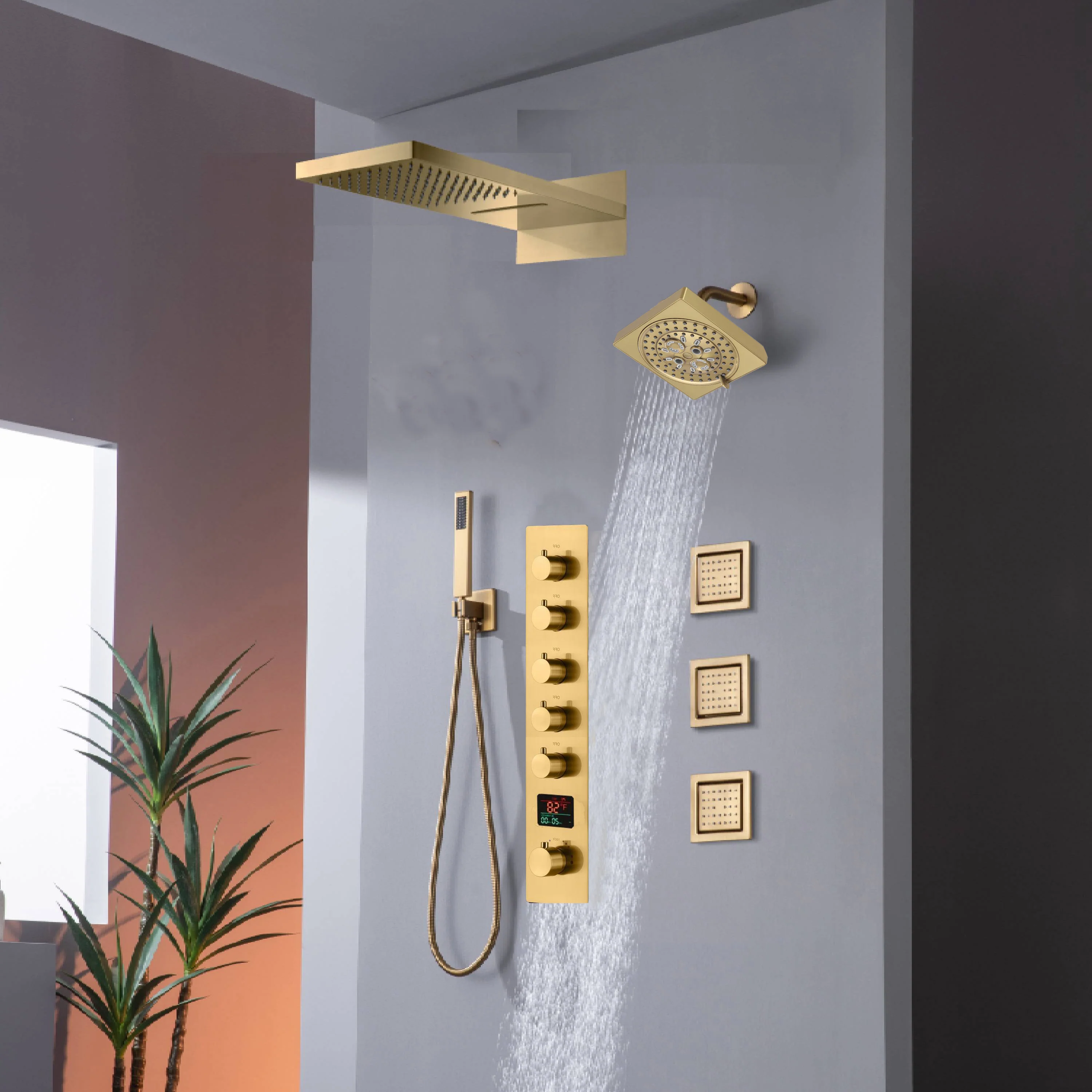 22" Rainfall Waterfall Shower System with 5-Way Thermostatic Faucet, Dual Regular Head, Body Jets - Image 8