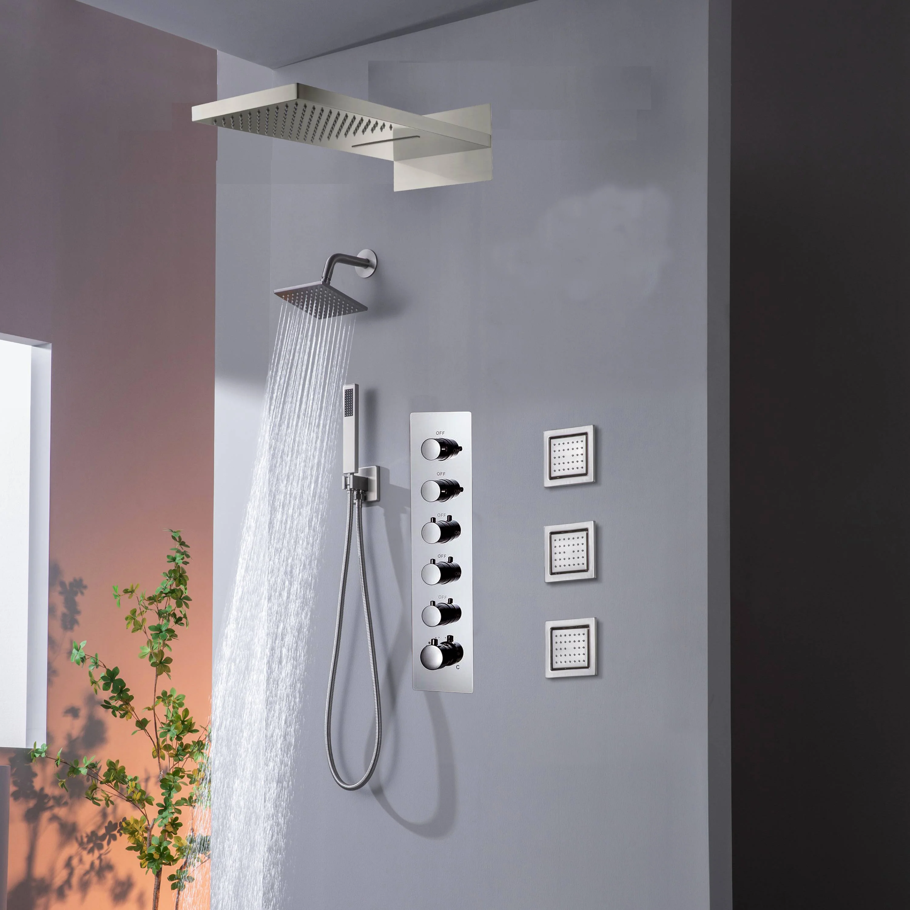 22" Rainfall Waterfall Shower System with 5-Way Thermostatic Faucet, Dual Regular Head, Body Jets - Image 9