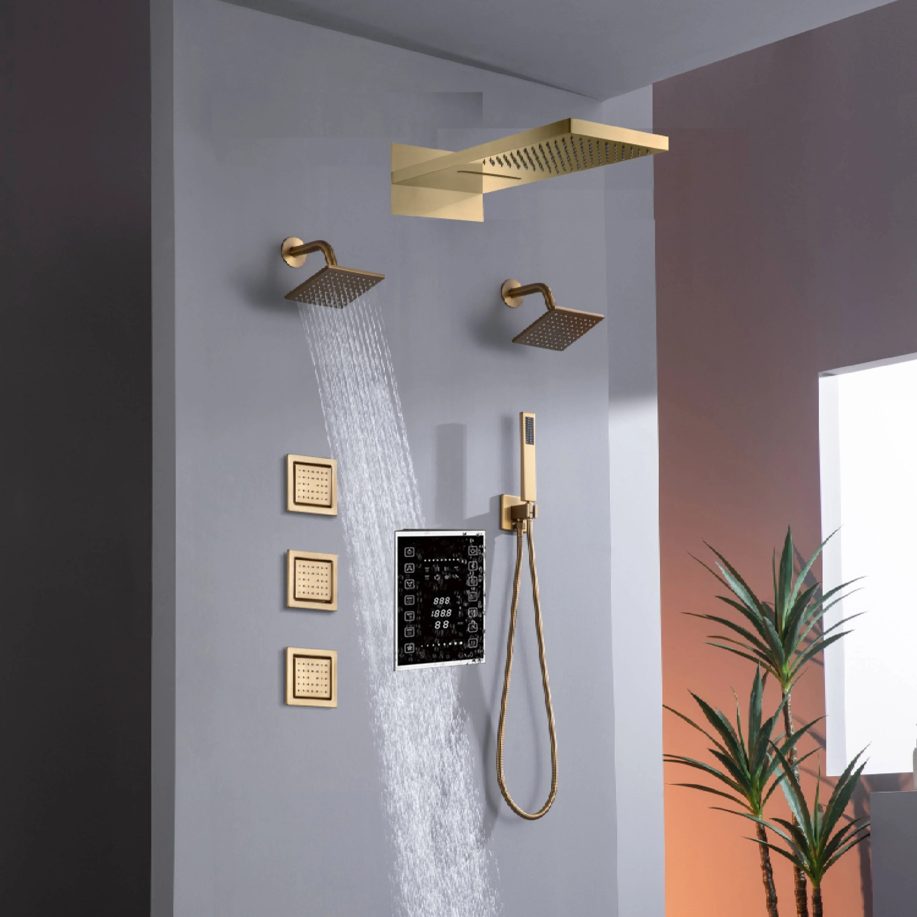 22" Rainfall Waterfall Shower System with 6-Way Digital Touch Thermostatic Faucet, Dual Regular Head, Body Jets - Image 3